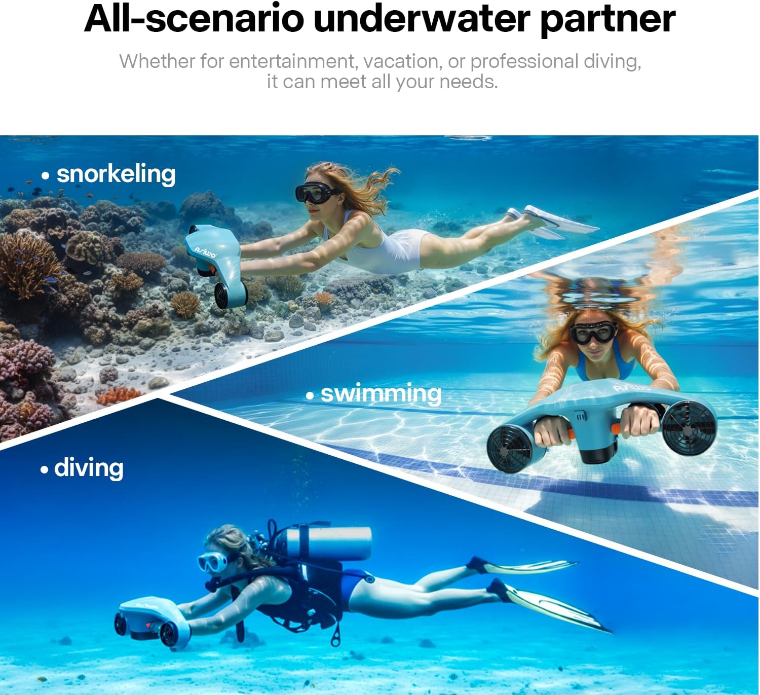 Asiwo Manta 2 Underwater Scooter — Dual Motor Sea Scooter with Camera Mount for Diving & Snorkeling