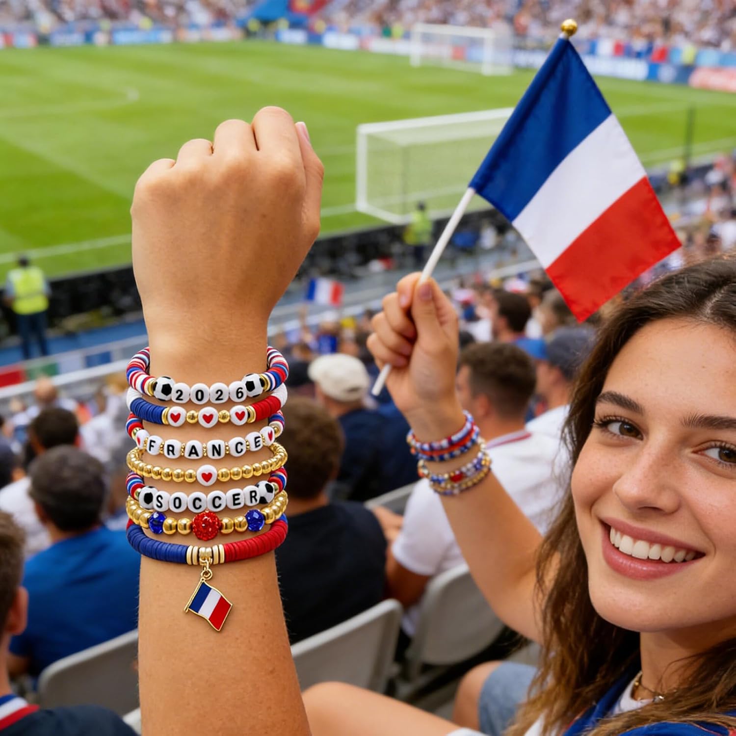 2026 France Soccer Bracelet Set – 8 Piece Stackable Beaded Bracelets with Football Charms, French Flag Colors & Fan Accents | World Cup France Fan Gift