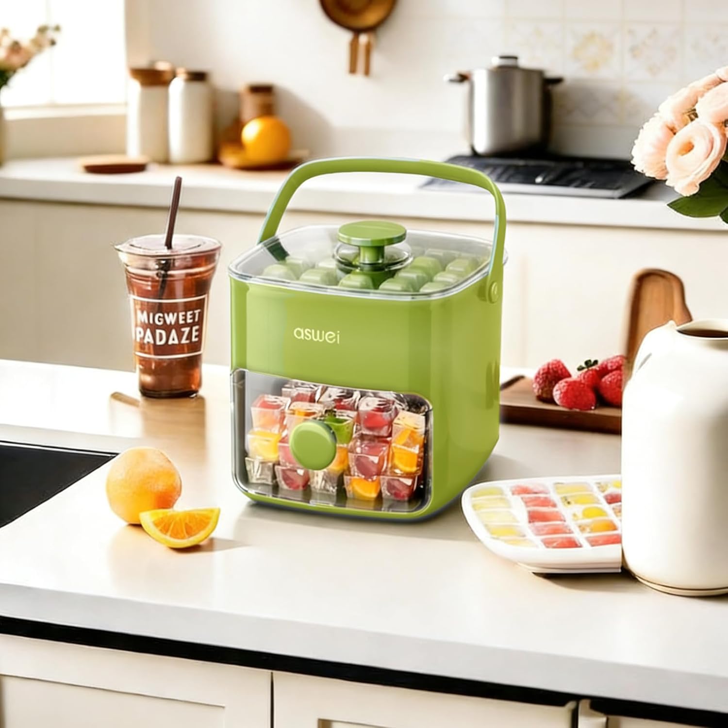 Compact Ice Cube Tray with Lid & Bin – Press-Type Ice Maker Bucket with Tongs (Green)