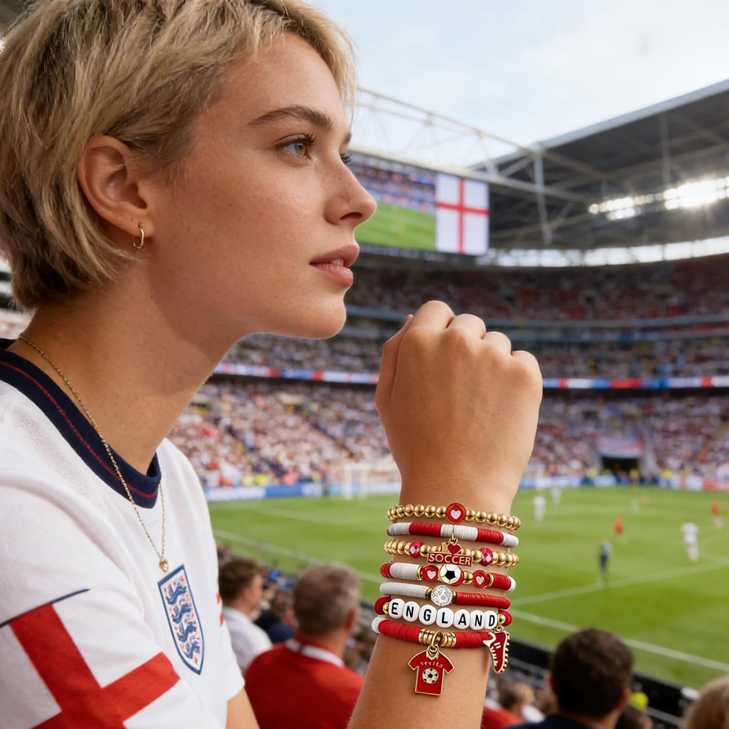 2026 England Soccer Bracelet Set – 8 Piece Stackable Beaded Bracelets with Football Charms, English Flag Colors & Fan Accents | World Cup England Fan Gift