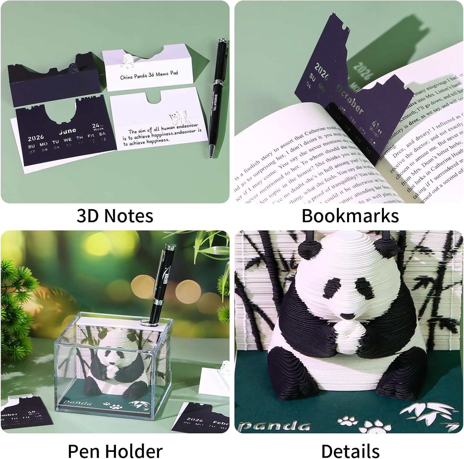 2026 3D Panda Desk Calendar with LED Light - Paper Carving Sticky Note Memo Pad, Creative Desktop Gift
