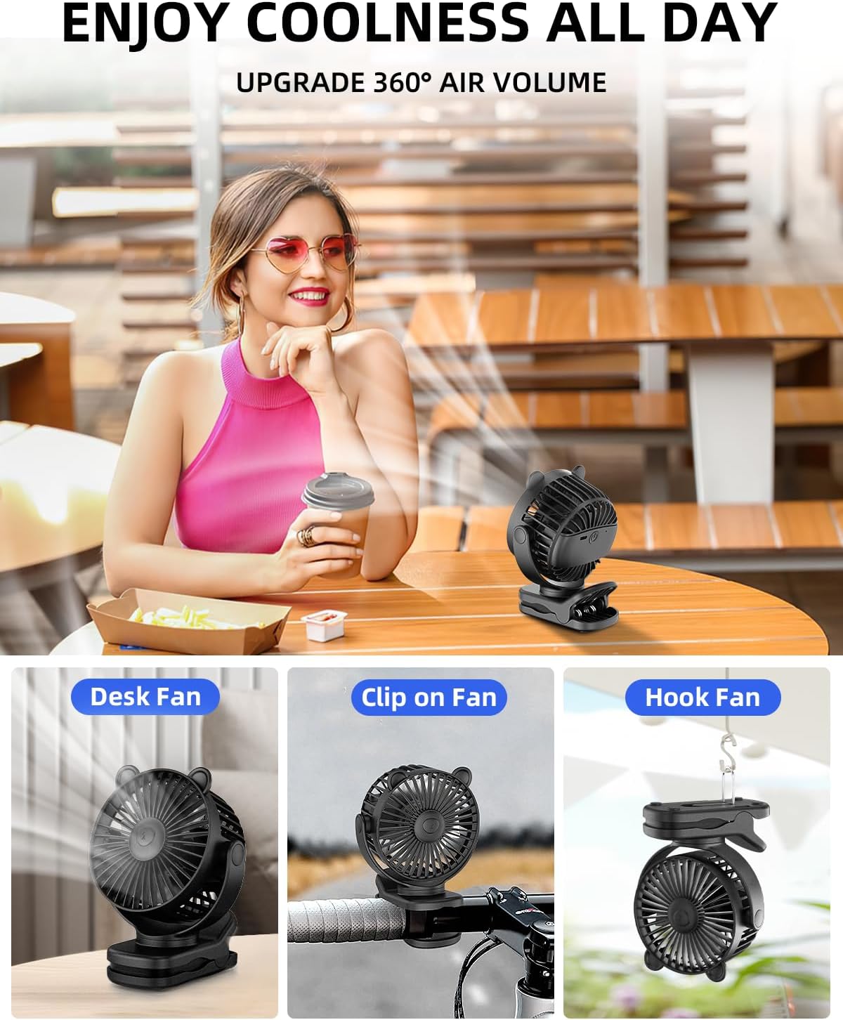 3-in-1 Portable Clip Fan – Rechargeable 2000mAh Desk & Hanging Fan with 360° Rotation | 8H Runtime 3 Speed Settings