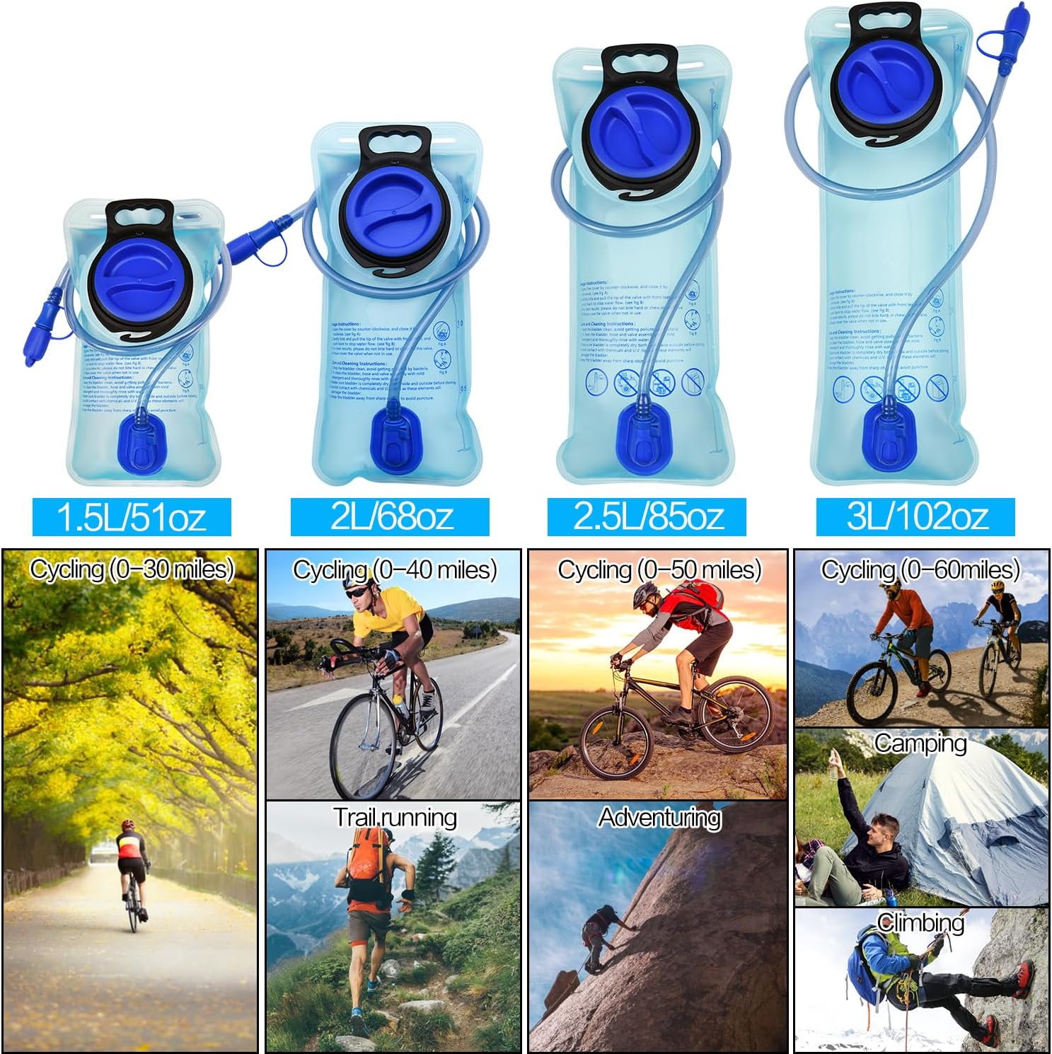 Mdvora Hydration Bladder 1.5L-3L - Large Opening Water Reservoir Bag for Cycling, Hiking & Camping
