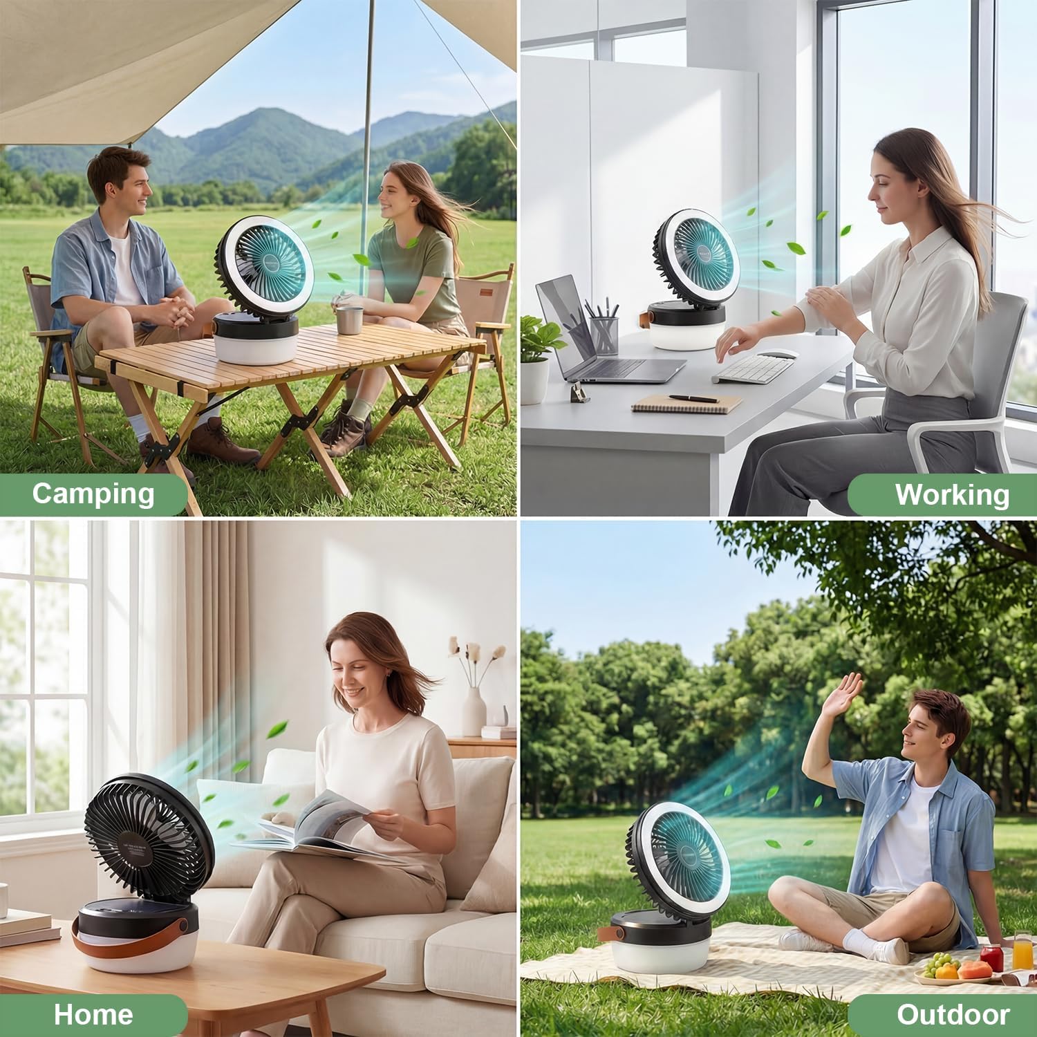 Solar Camping Fan with LED Light - Rechargeable Portable Fan & Power Bank for Tent, RV & Outdoor