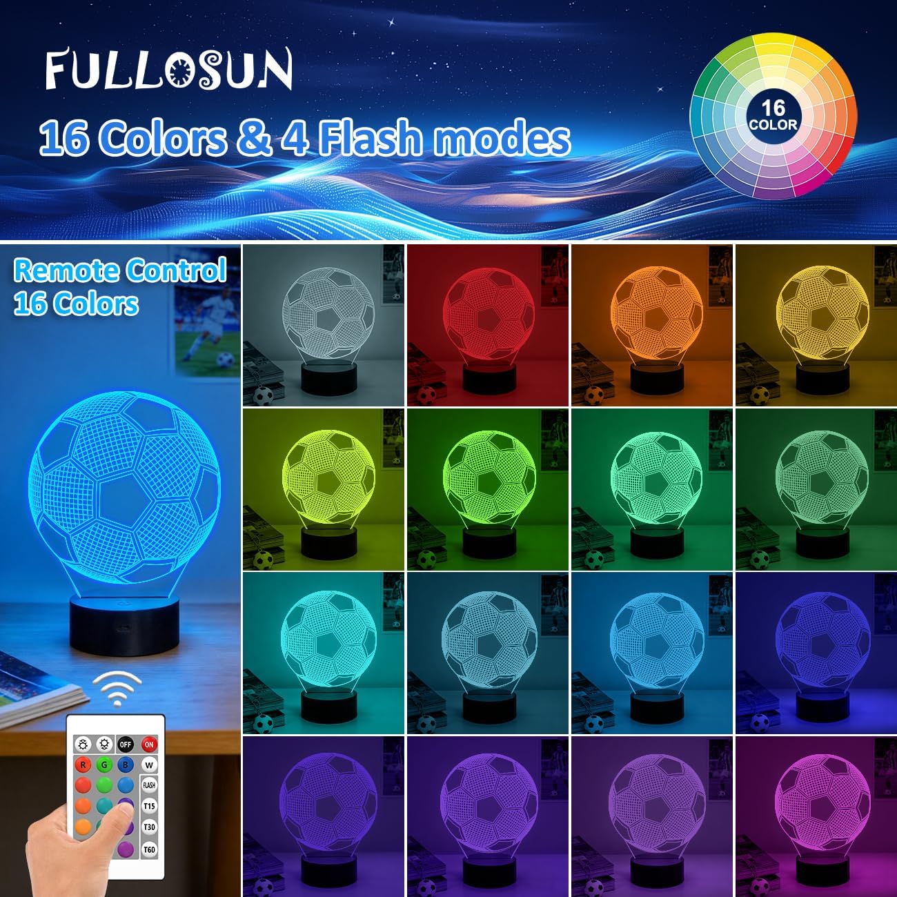 Soccer 3D LED Night Light – 16 Color Remote Control Football Lamp for Kids