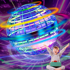 Blue flying orb ball toy with LED light, 360 degree rotating hover boomerang toy for kids and adults indoor and outdoor