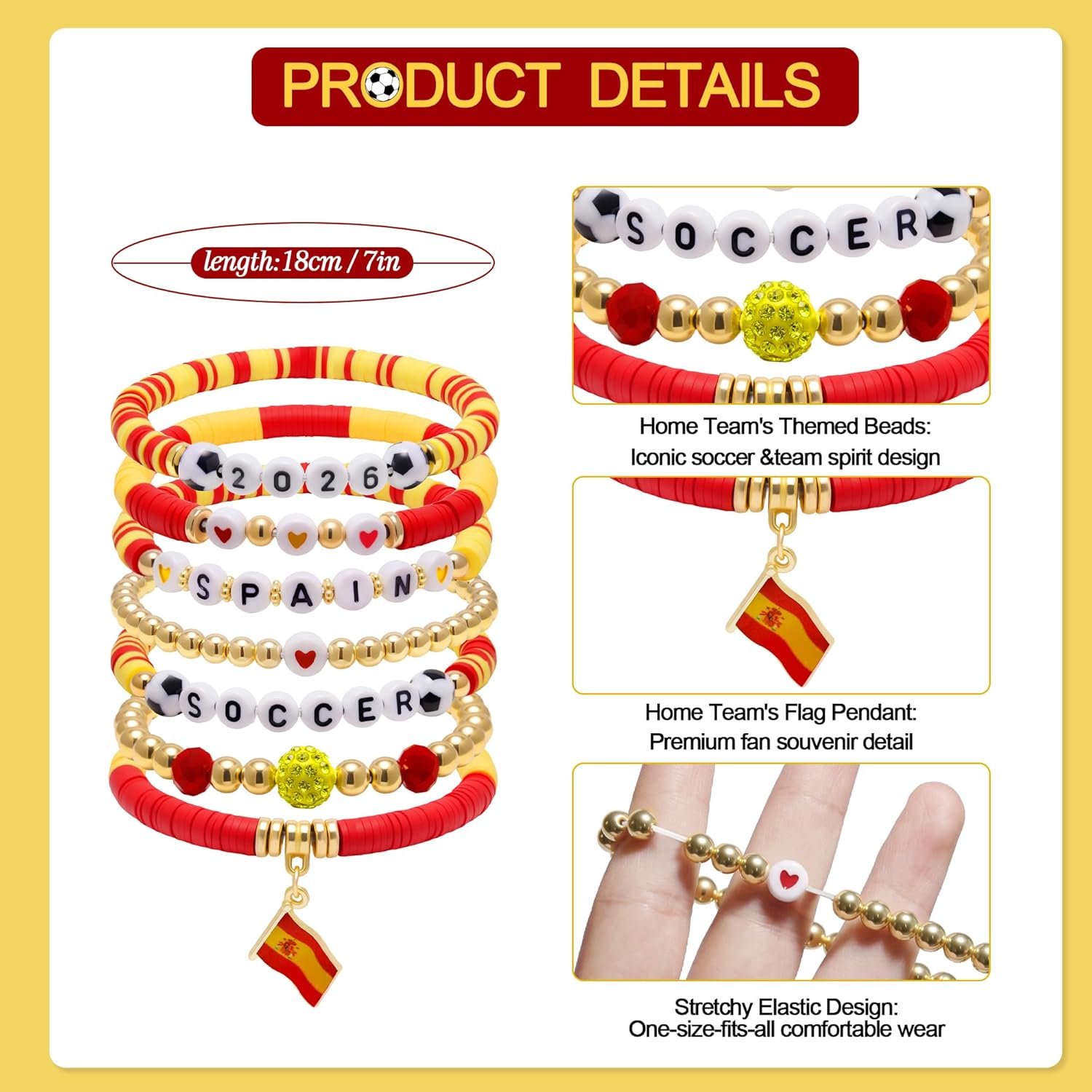 2026 Spain Soccer Bracelet Set – 8 Piece Stackable Beaded Bracelets with Football Charms, Spanish Flag Colors & Fan Accents | World Cup Spain Fan Gift
