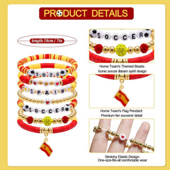 2026 Spain Soccer Bracelet Set – 8 Piece Stackable Beaded Bracelets with Football Charms, Spanish Flag Colors & Fan Accents | World Cup Spain Fan Gift