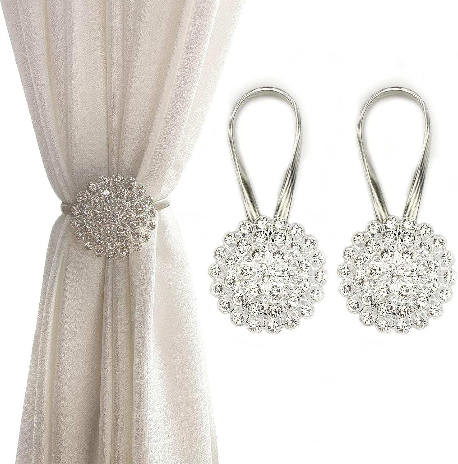 Crystal Flower Magnetic Curtain Tiebacks for Drapes and Curtains