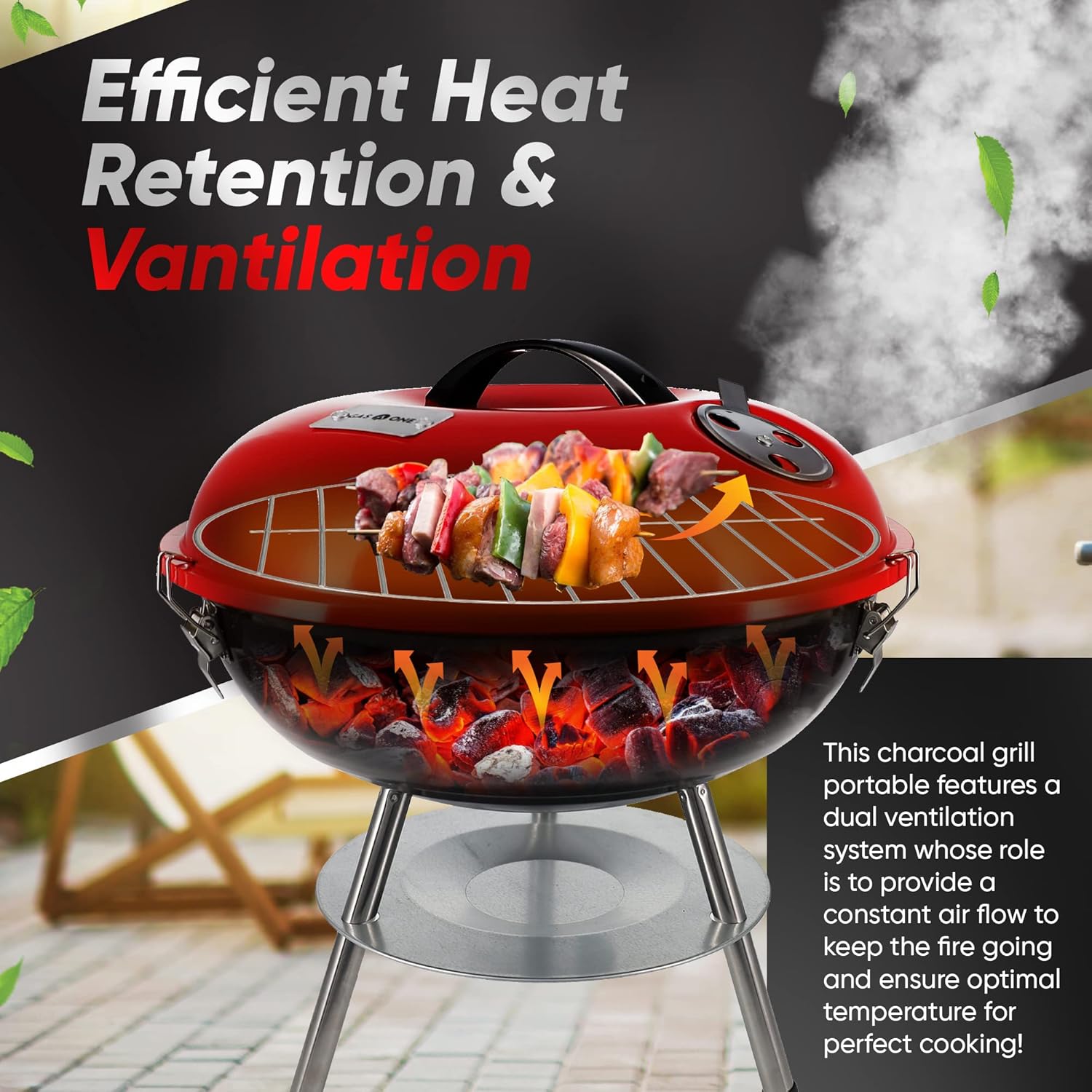Gas One Portable Charcoal Grill - Compact BBQ Grill with Warming Rack for Camping, Backyard & Outdoor