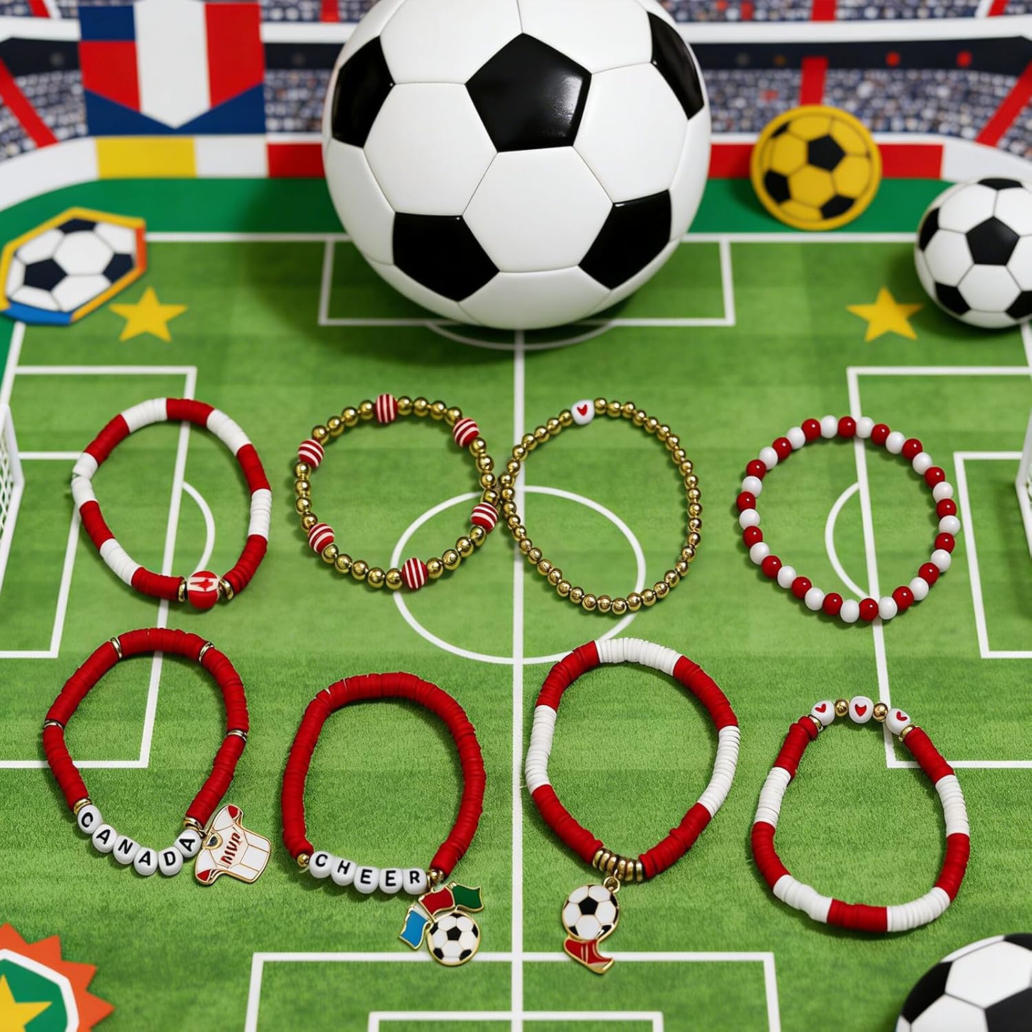 2026 Canada Soccer Bracelet Set – 8 Piece Stackable Beaded Bracelets with Football Charms, Canadian Flag Colors & Fan Accents | World Cup Canada Fan Gift