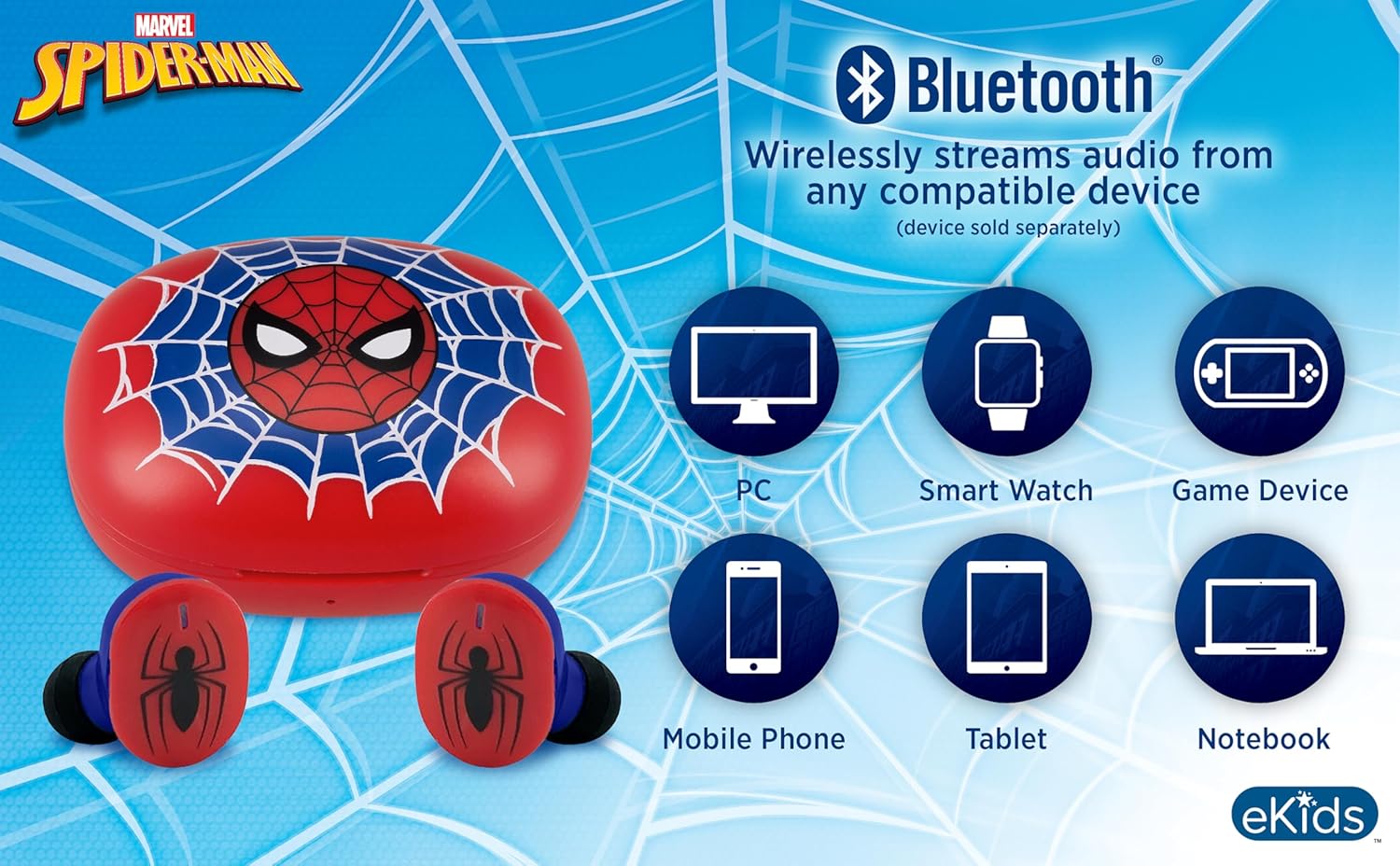 Superhero Wireless Earbuds - Red & Blue Bluetooth Earbuds with Mic & Charging Case for Kids & Adults