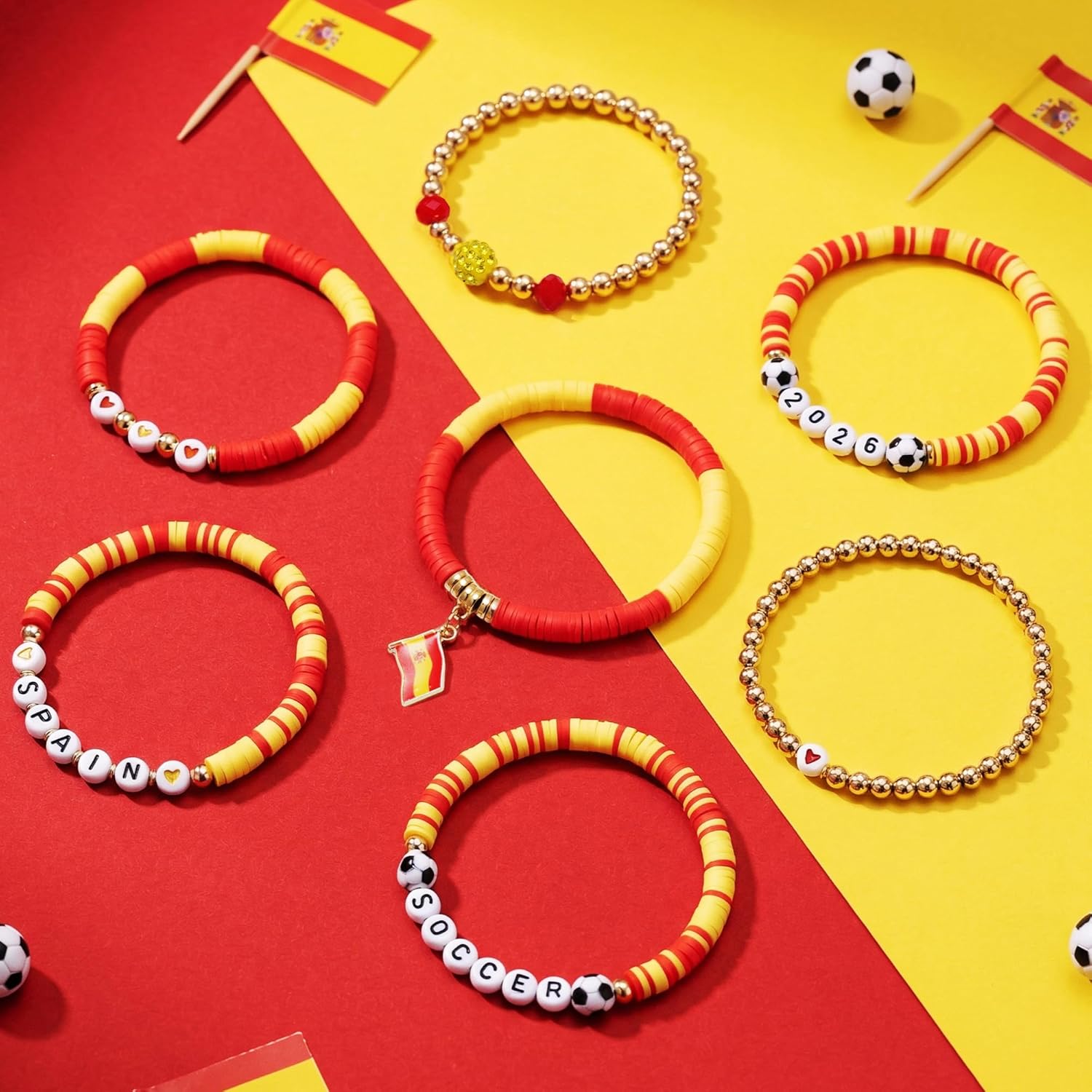 2026 Spain Soccer Bracelet Set – 8 Piece Stackable Beaded Bracelets with Football Charms, Spanish Flag Colors & Fan Accents | World Cup Spain Fan Gift