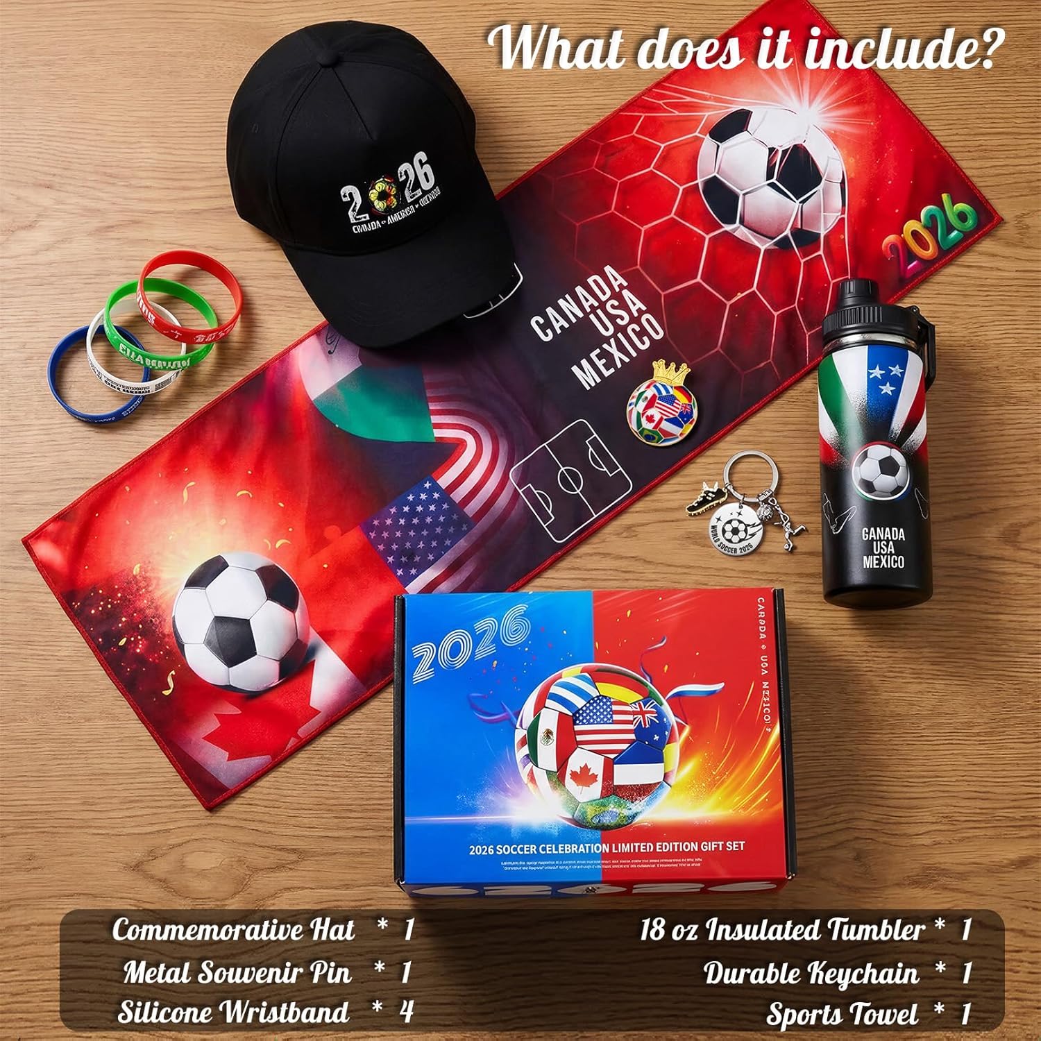 Fibrdoo Soccer Fan Gift Set – 5-Piece Bundle with Water Bottle, Towel, Keychain, Pin & Wristband