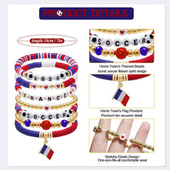 2026 France Soccer Bracelet Set – 8 Piece Stackable Beaded Bracelets with Football Charms, French Flag Colors & Fan Accents | World Cup France Fan Gift