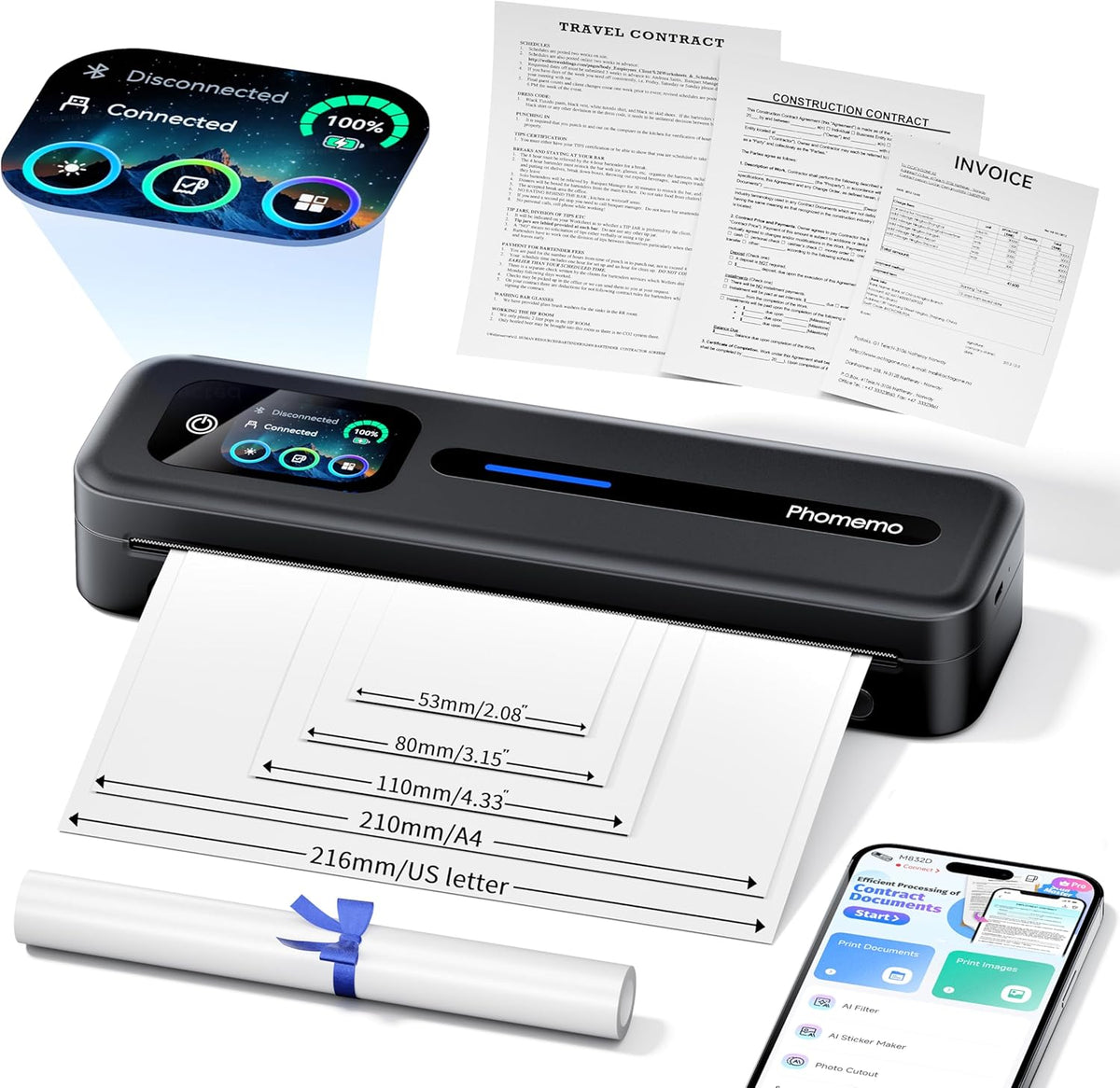 Phomemo M832D portable inkless thermal printer with touchscreen interface