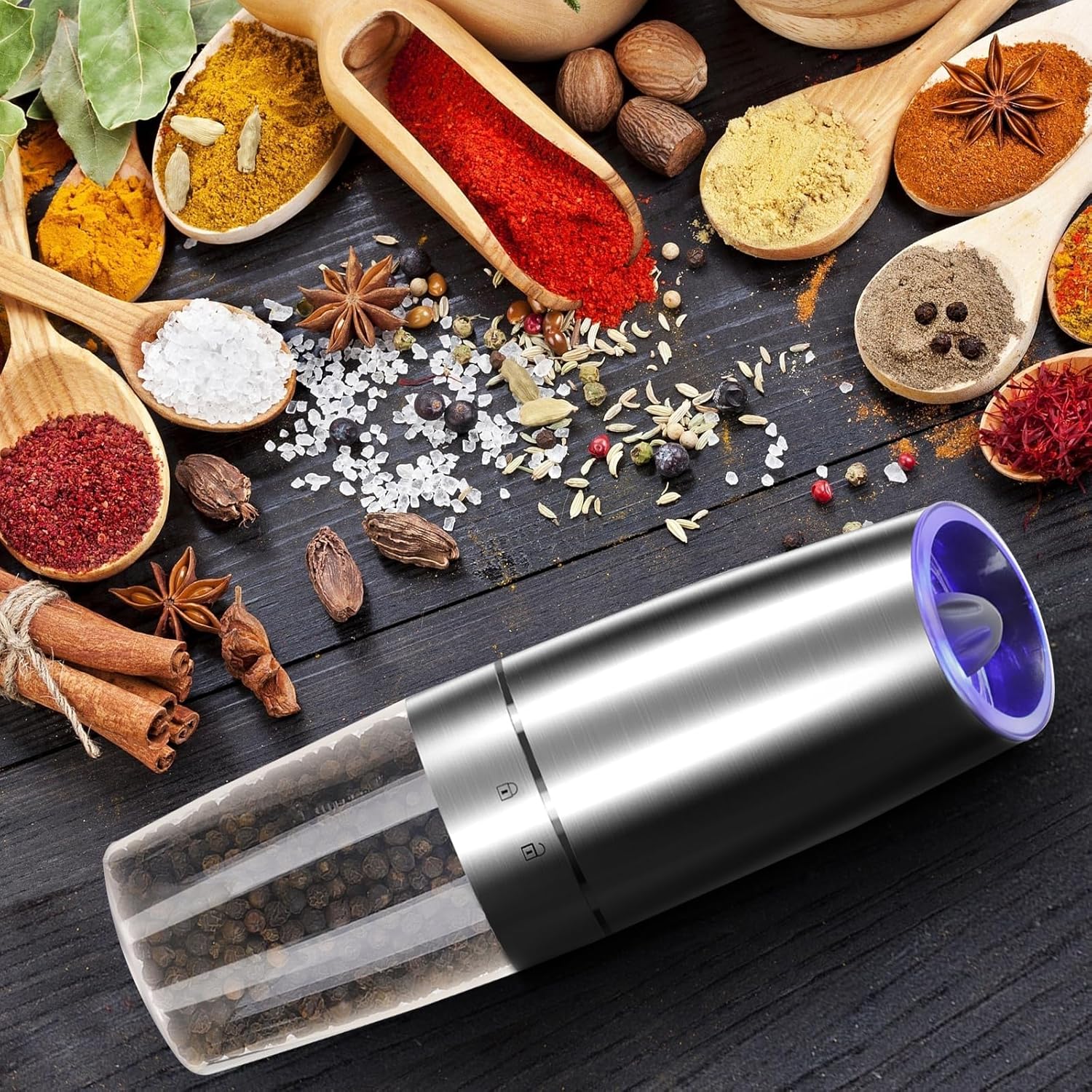 Electric Salt & Pepper Grinder Set – Gravity Sensor Auto Mill with Blue LED Light | Adjustable Coarseness & Large Capacity