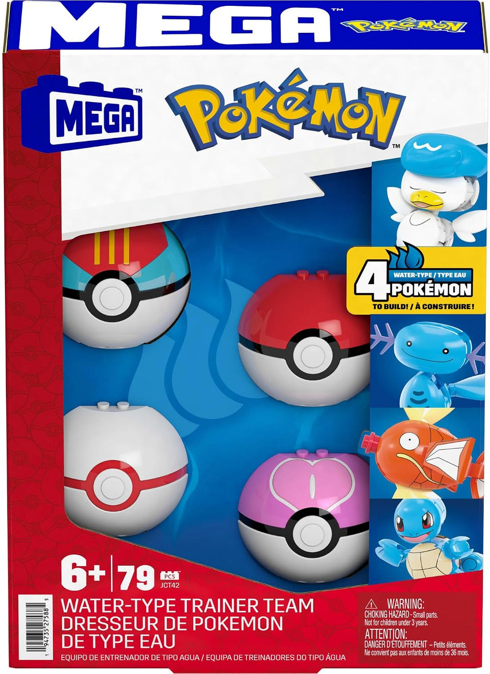 MEGA Pokemon Water-Type Trainer Team building toy set with 79 pieces and buildable figures for kids