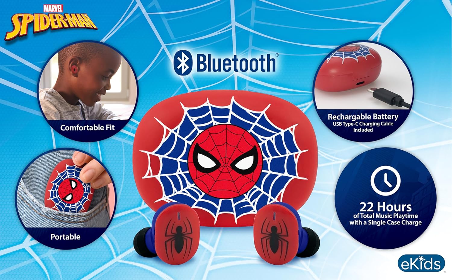Superhero Wireless Earbuds - Red & Blue Bluetooth Earbuds with Mic & Charging Case for Kids & Adults