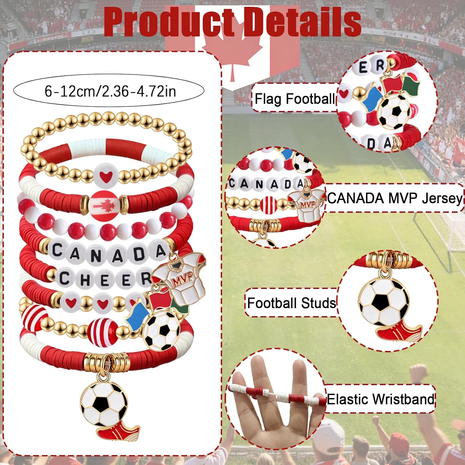 2026 Canada Soccer Bracelet Set – 8 Piece Stackable Beaded Bracelets with Football Charms, Canadian Flag Colors & Fan Accents | World Cup Canada Fan Gift