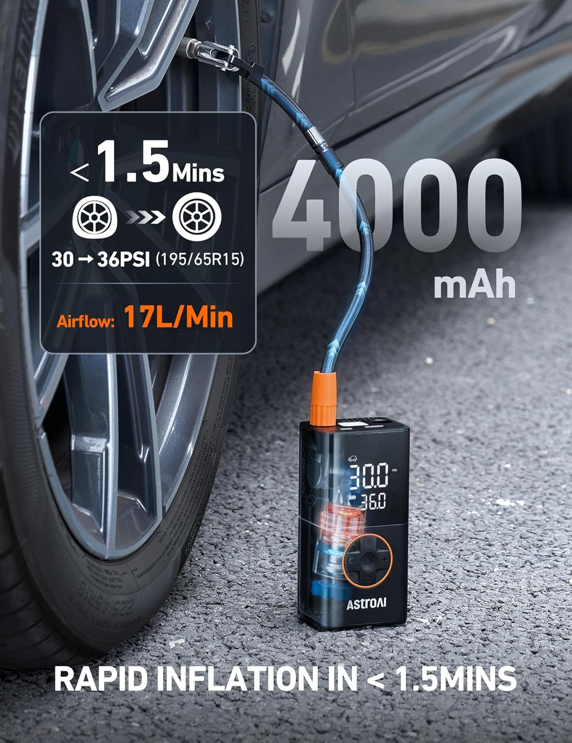 AstroAI L7 Portable Tire Inflator - 150 PSI Cordless Air Compressor Pump with Digital Gauge & LED Light