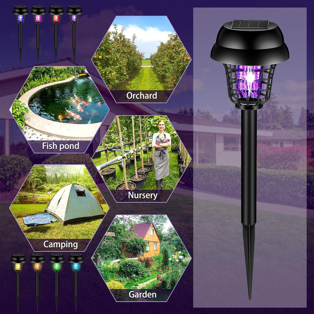 12-pack solar powered bug zapper with purple UV light glowing in garden at night for mosquito control
