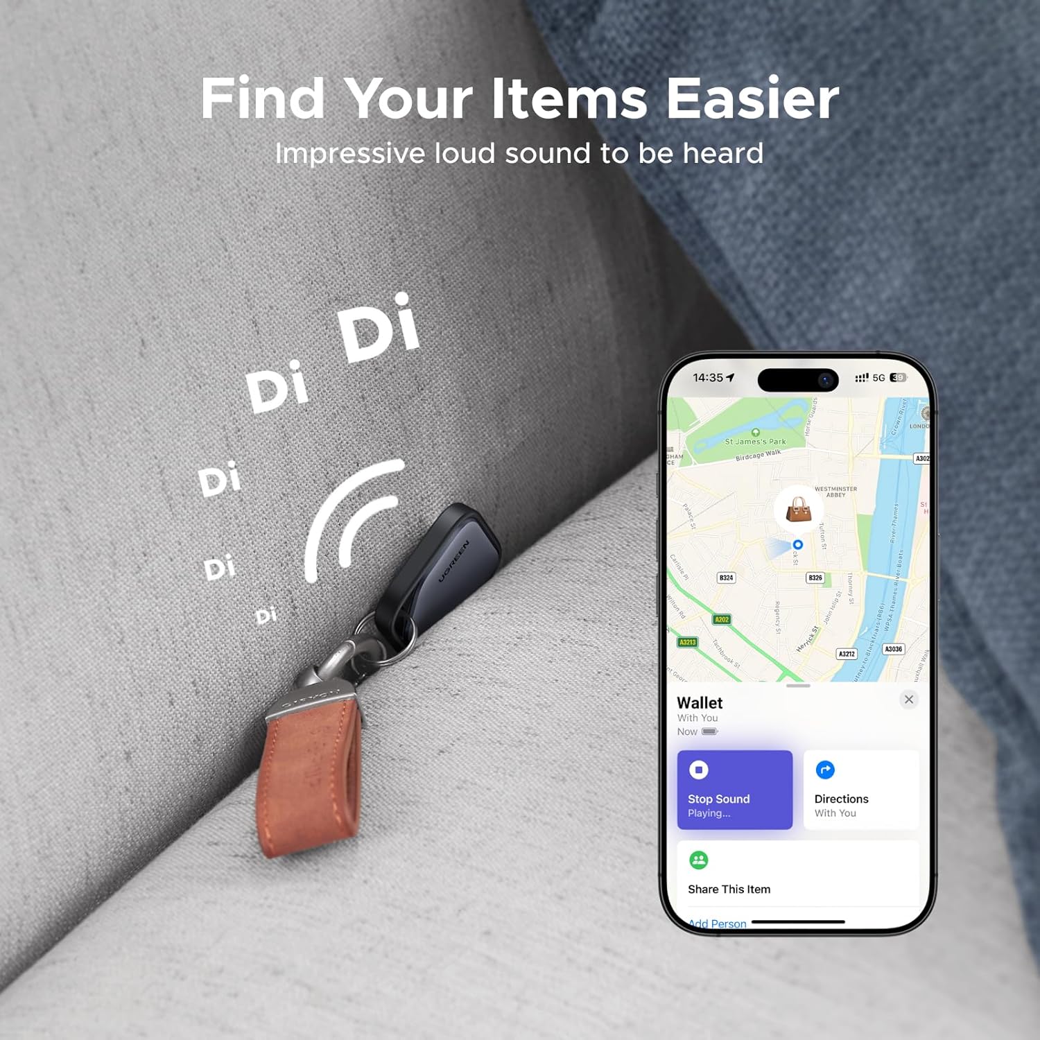 UGREEN FineTrack Air Tracker - Bluetooth Item Finder for Apple Find My, Smart Tag for Keys & Luggage (iOS)