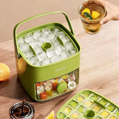 Compact Ice Cube Tray with Lid & Bin – Press-Type Ice Maker Bucket with Tongs (Green)