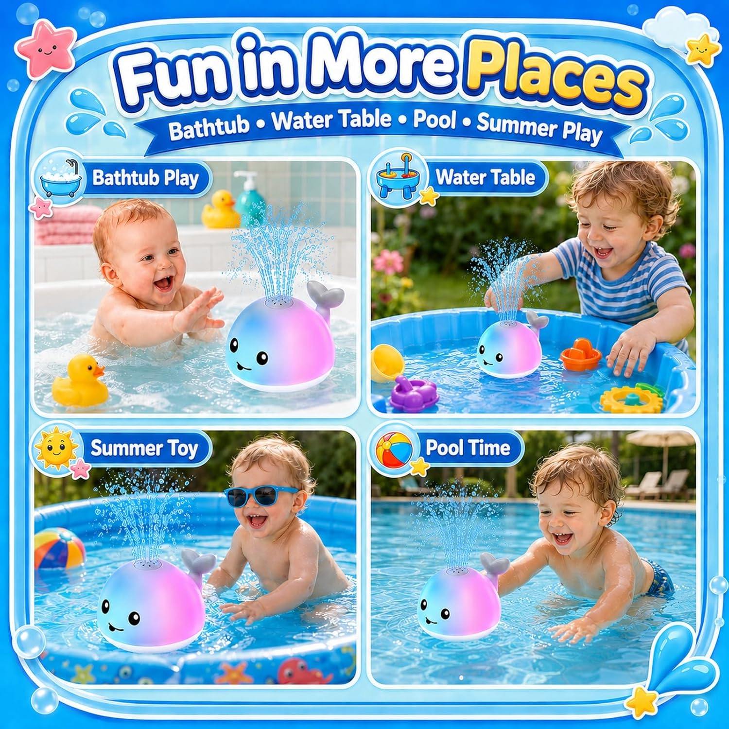 Whale Bath Toy with LED Lights & Water Sprayer – USB Rechargeable Baby Bathtub Toy for Kids Ages 6M-4Y