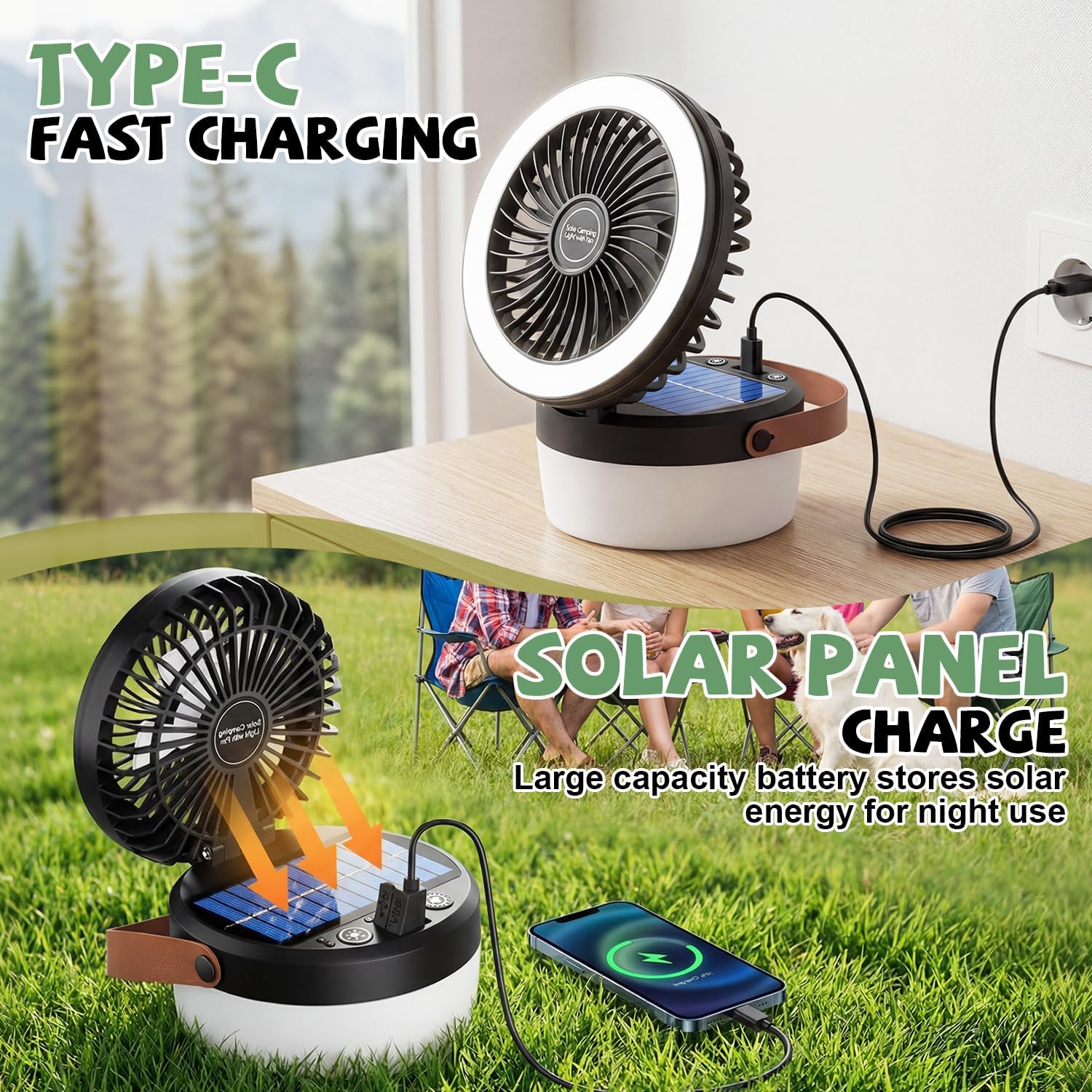Solar Camping Fan with LED Light - Rechargeable Portable Fan & Power Bank for Tent, RV & Outdoor