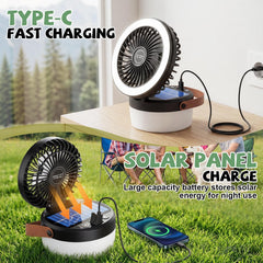 Solar Camping Fan with LED Light - Rechargeable Portable Fan & Power Bank for Tent, RV & Outdoor