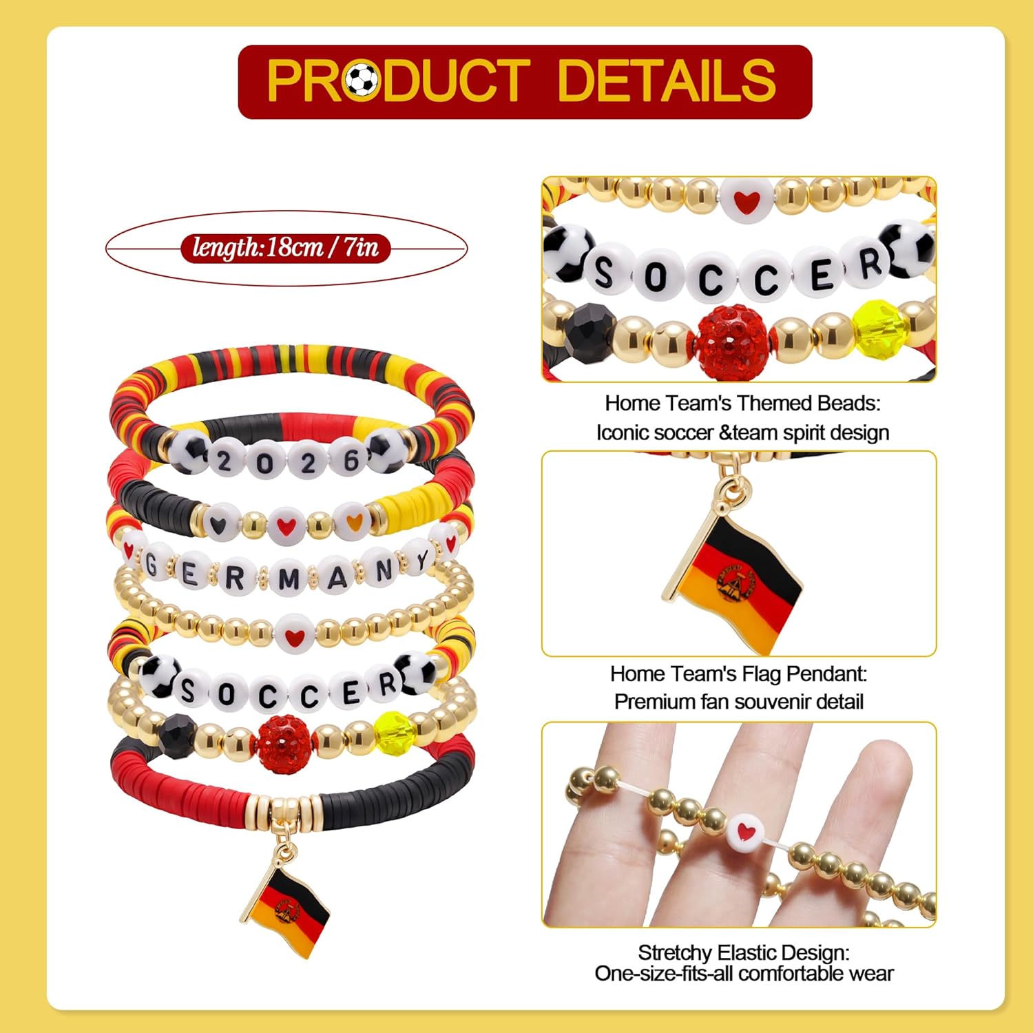 2026 Germany Soccer Bracelet Set – 8 Piece Stackable Beaded Bracelets with Football Charms, German Flag Colors & Fan Accents | World Cup Germany Fan Gift