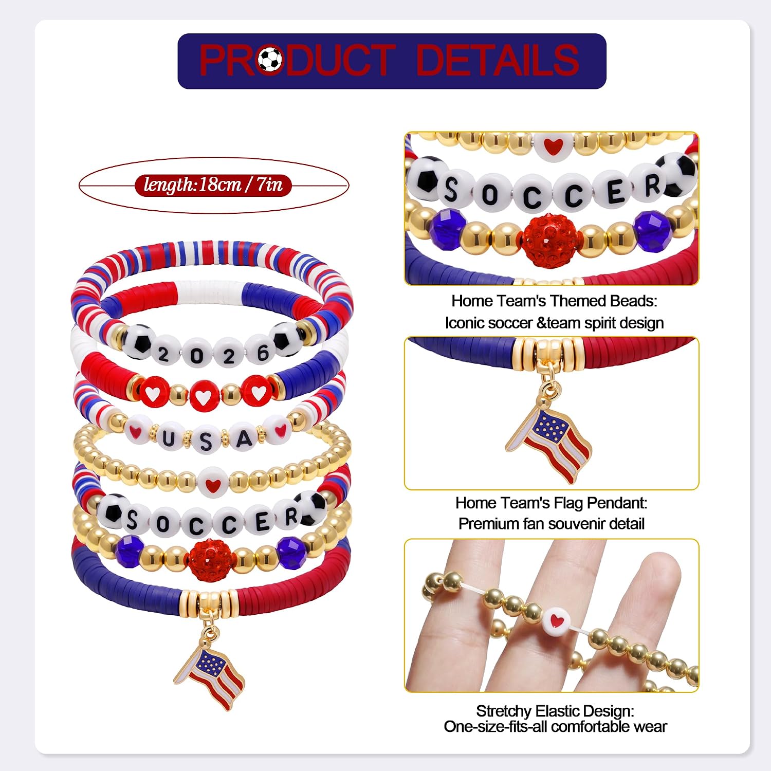 2026 USA Soccer Bracelet Set – 8 Piece Stackable Beaded Bracelets with Football Charms, American Flag Colors & Fan Accents | World Cup USA Fan Gift