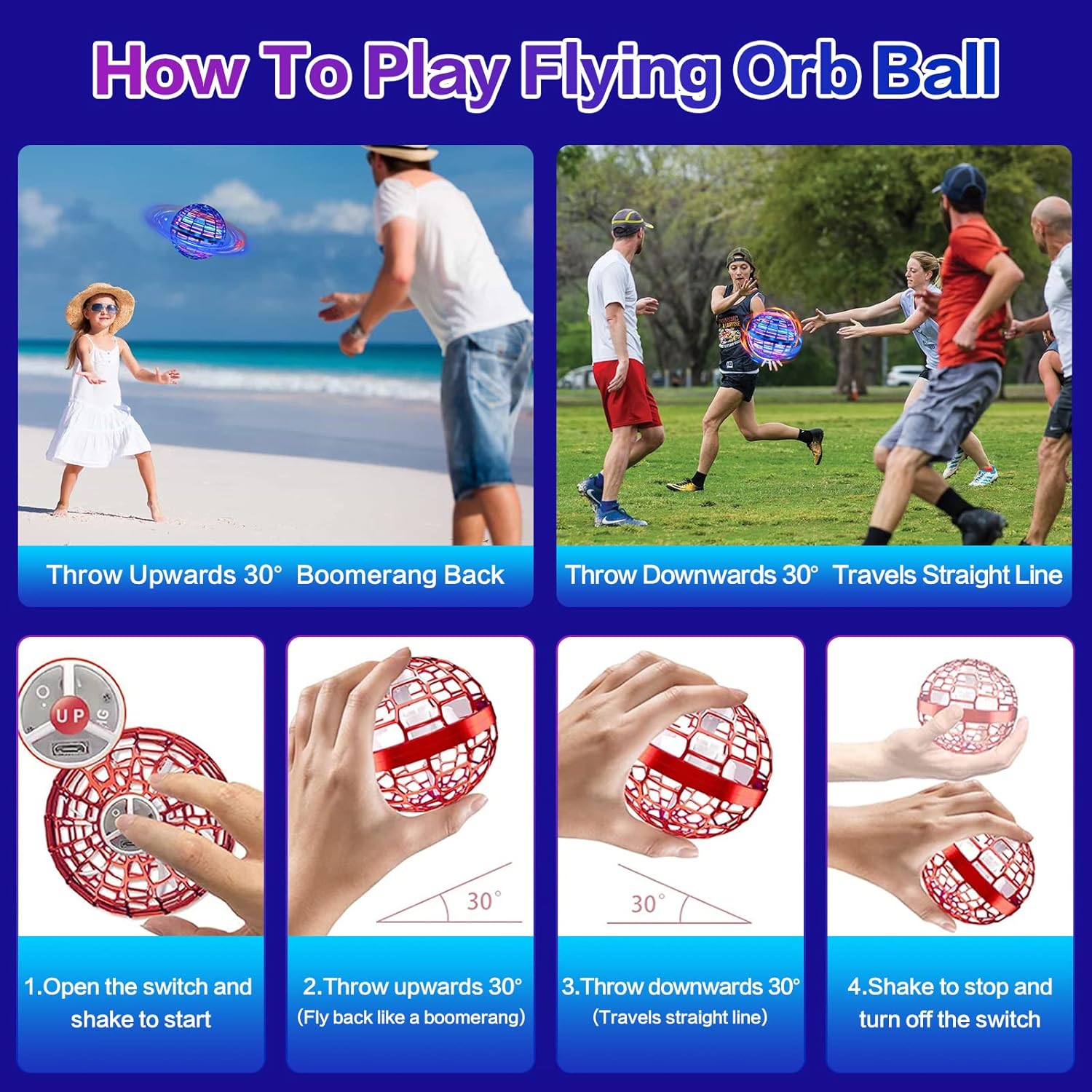 Flying Orb Ball Toy - 2026 Magic Hover Ball with LED Light, 360° Rotating Boomerang Toy for Kids & Adults