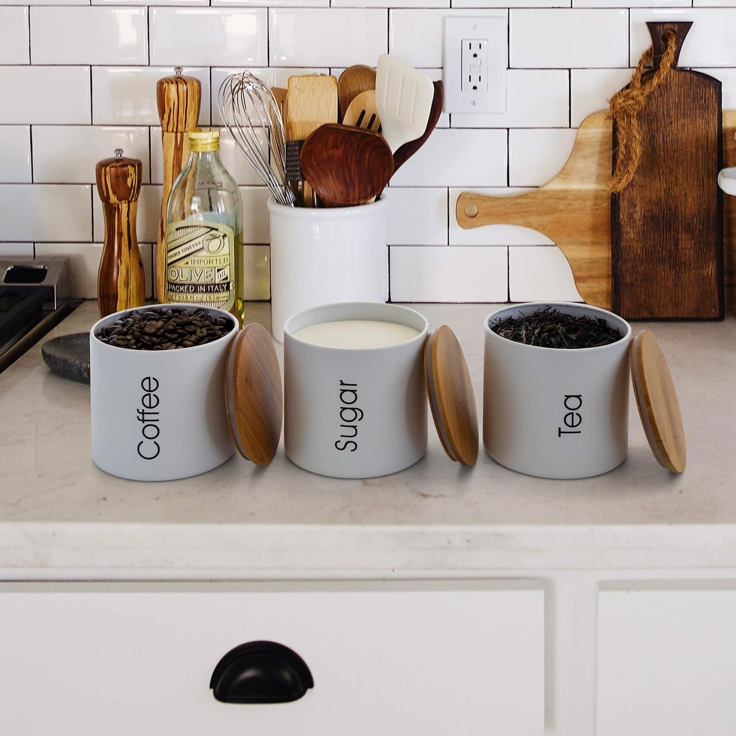 MegaChef 4-Piece Kitchen Canister Set - Airtight Storage Containers with Bamboo Lids for Coffee, Tea & Sugar