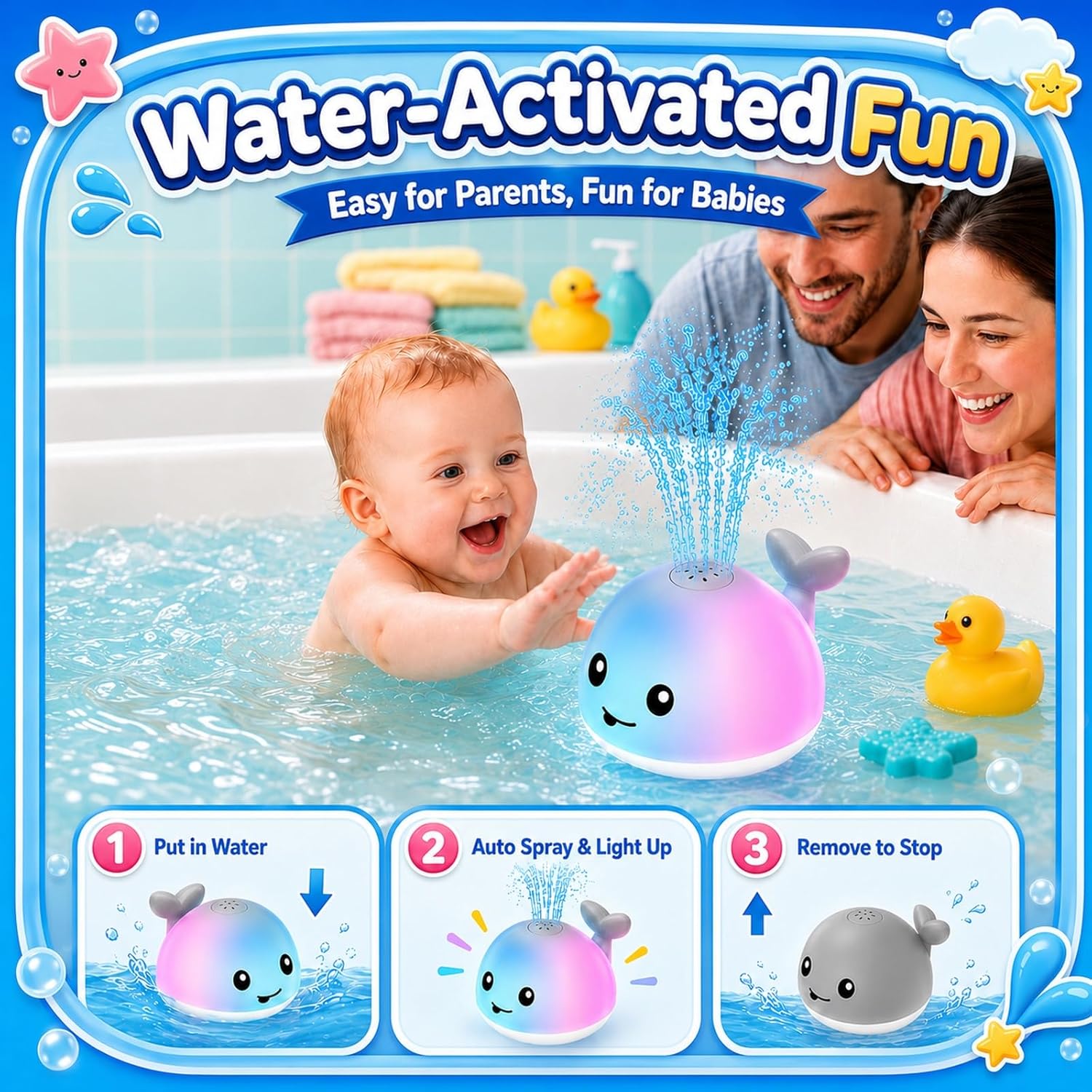 Whale Bath Toy with LED Lights & Water Sprayer – USB Rechargeable Baby Bathtub Toy for Kids Ages 6M-4Y