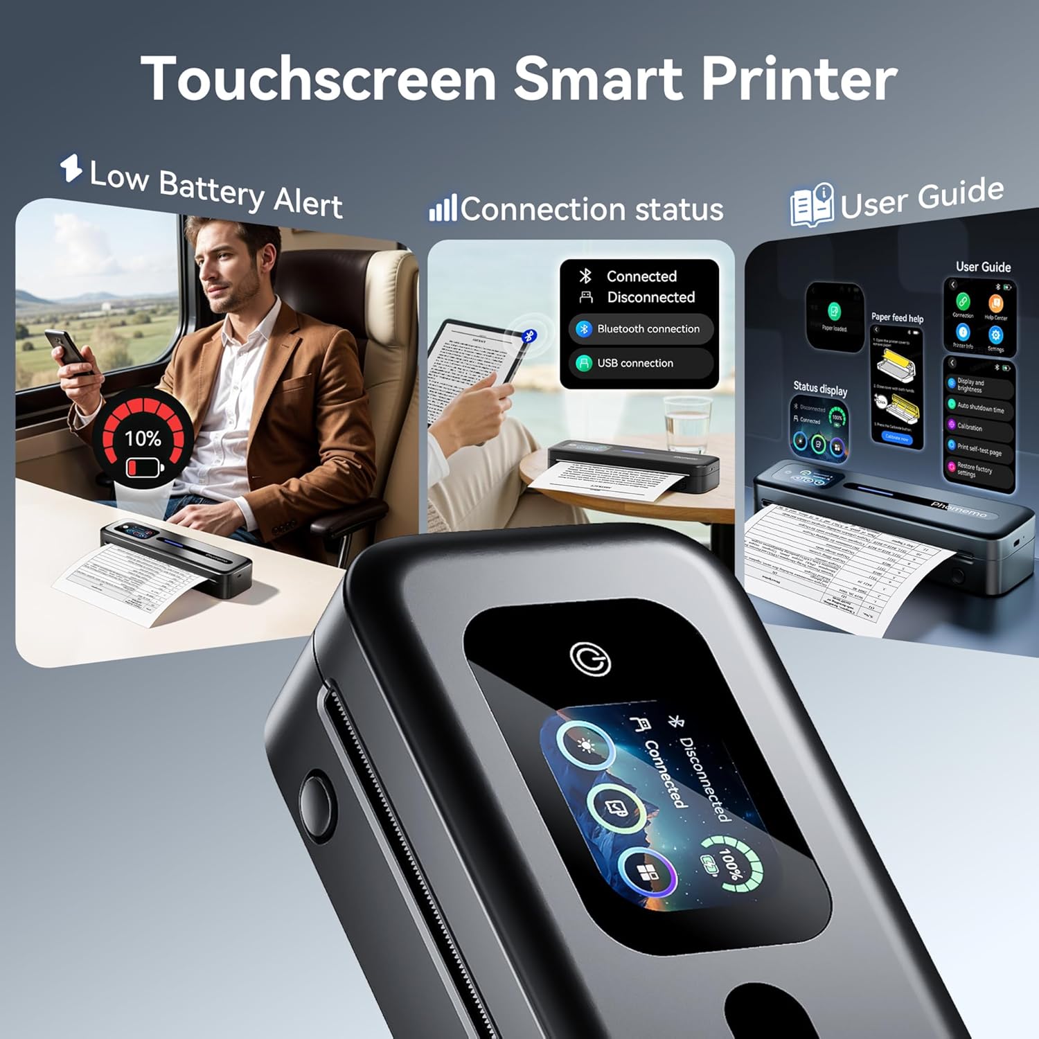 Phomemo M832D Portable Thermal Printer - Wireless Inkless Printer with Touchscreen, Supports US Letter & A4 - Bluetooth Mobile Office for Travel