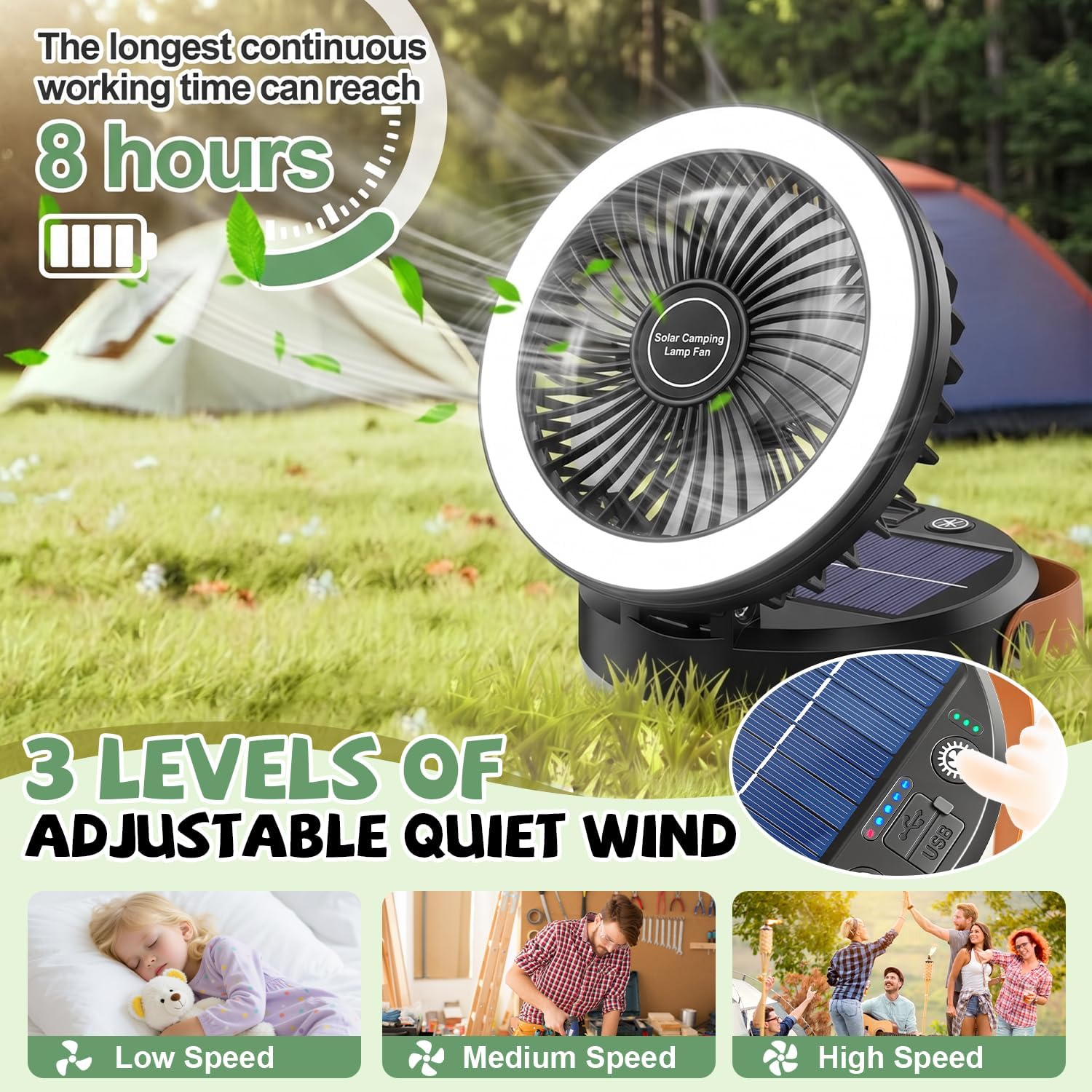 Solar Camping Fan with LED Light - Rechargeable Portable Fan & Power Bank for Tent, RV & Outdoor