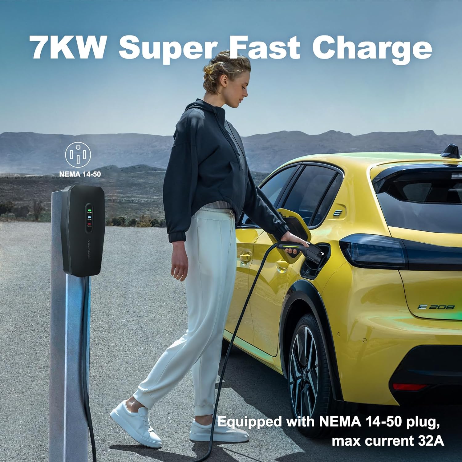 Level 2 EV Charger 32A 7KW - Portable Home Electric Vehicle Charging Station, 240V NEMA 14-50, 20FT Cable