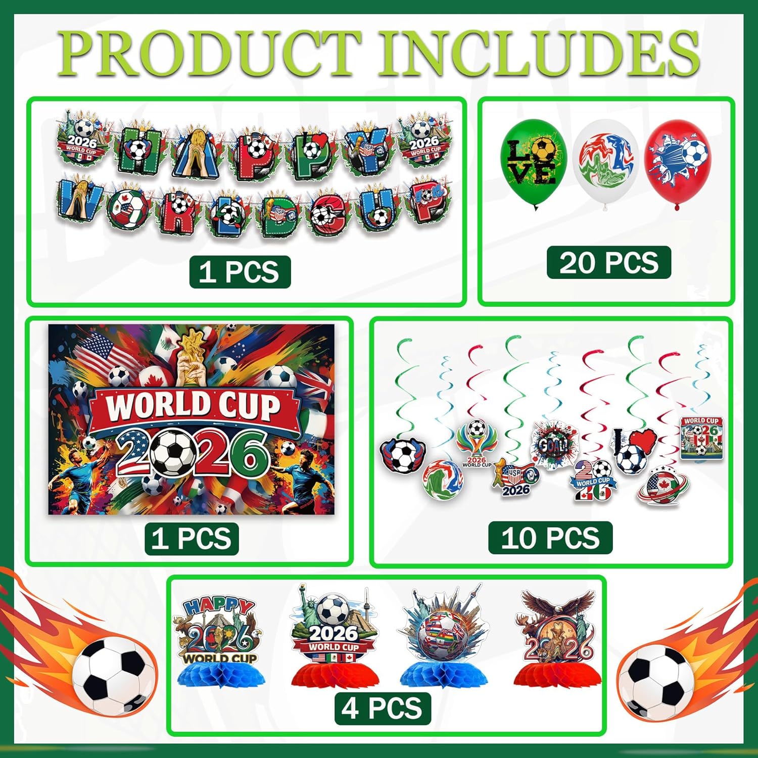 Soccer Party Decorations Set – World Cup Flag Banners, Balloons & Football Party Supplies