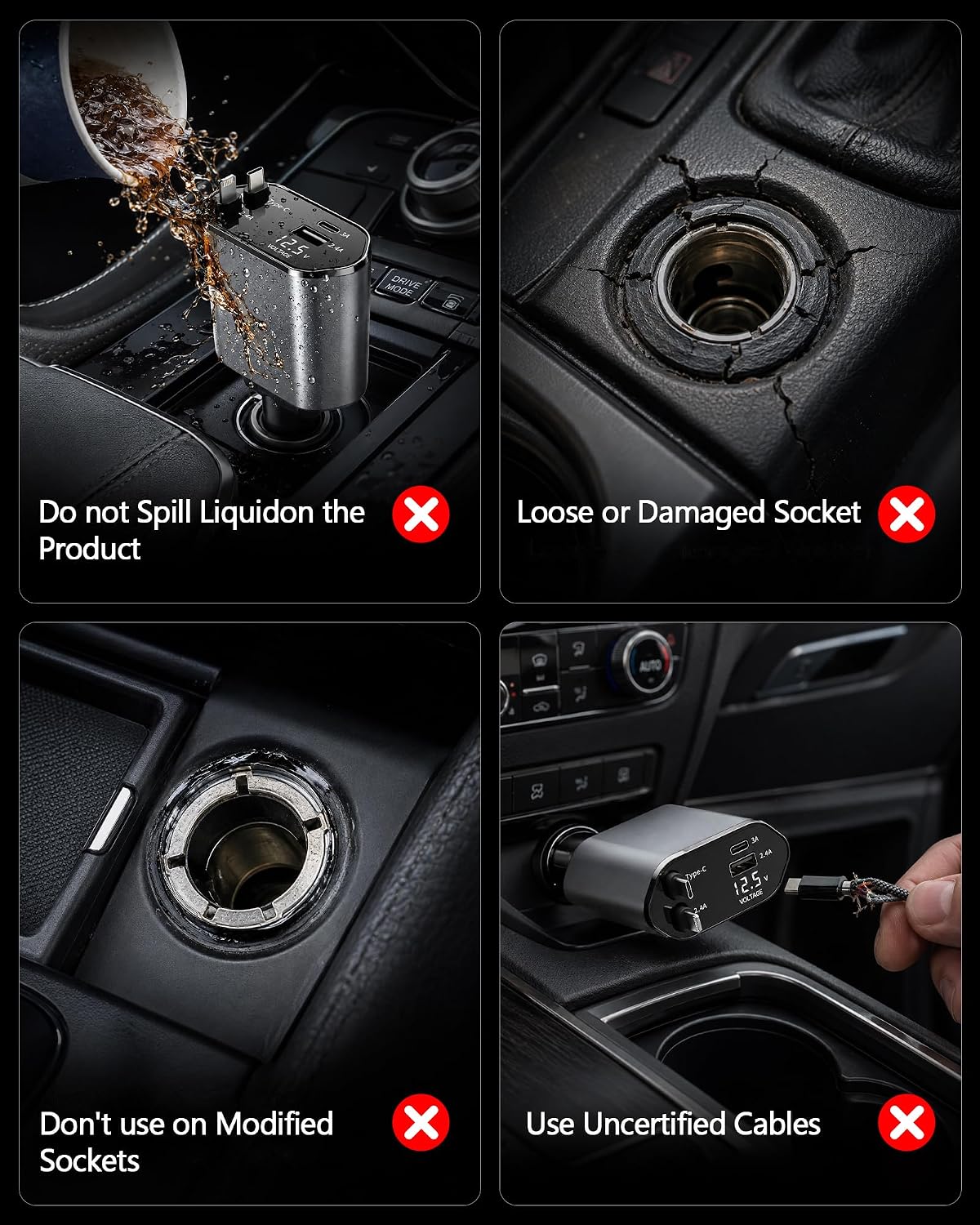 4-in-1 Retractable Car Charger 4.8A Fast Charging with Safety Protection