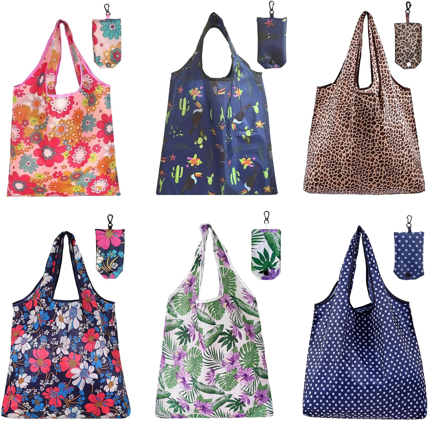 Set of 6 reusable foldable shopping bags, washable eco-friendly polyester grocery tote bags for travel and daily use