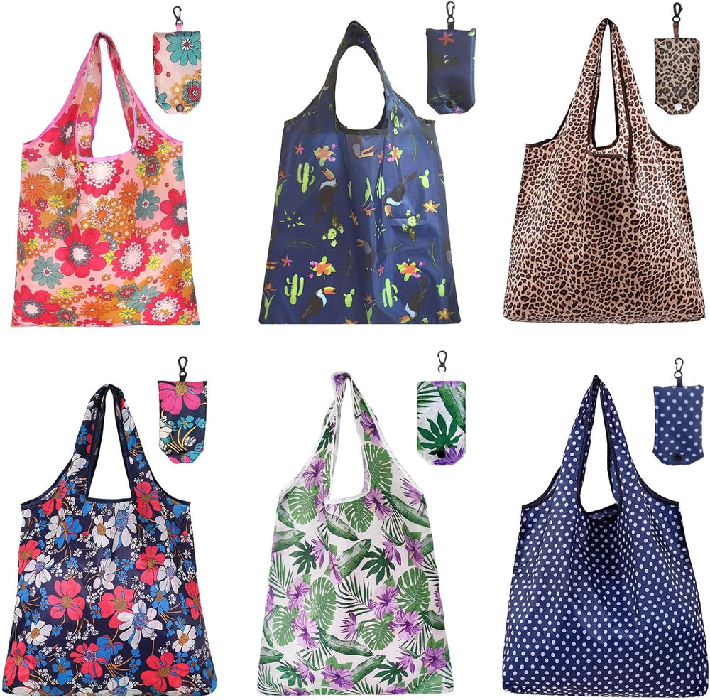 Set of 6 reusable foldable shopping bags, washable eco-friendly polyester grocery tote bags for travel and daily use