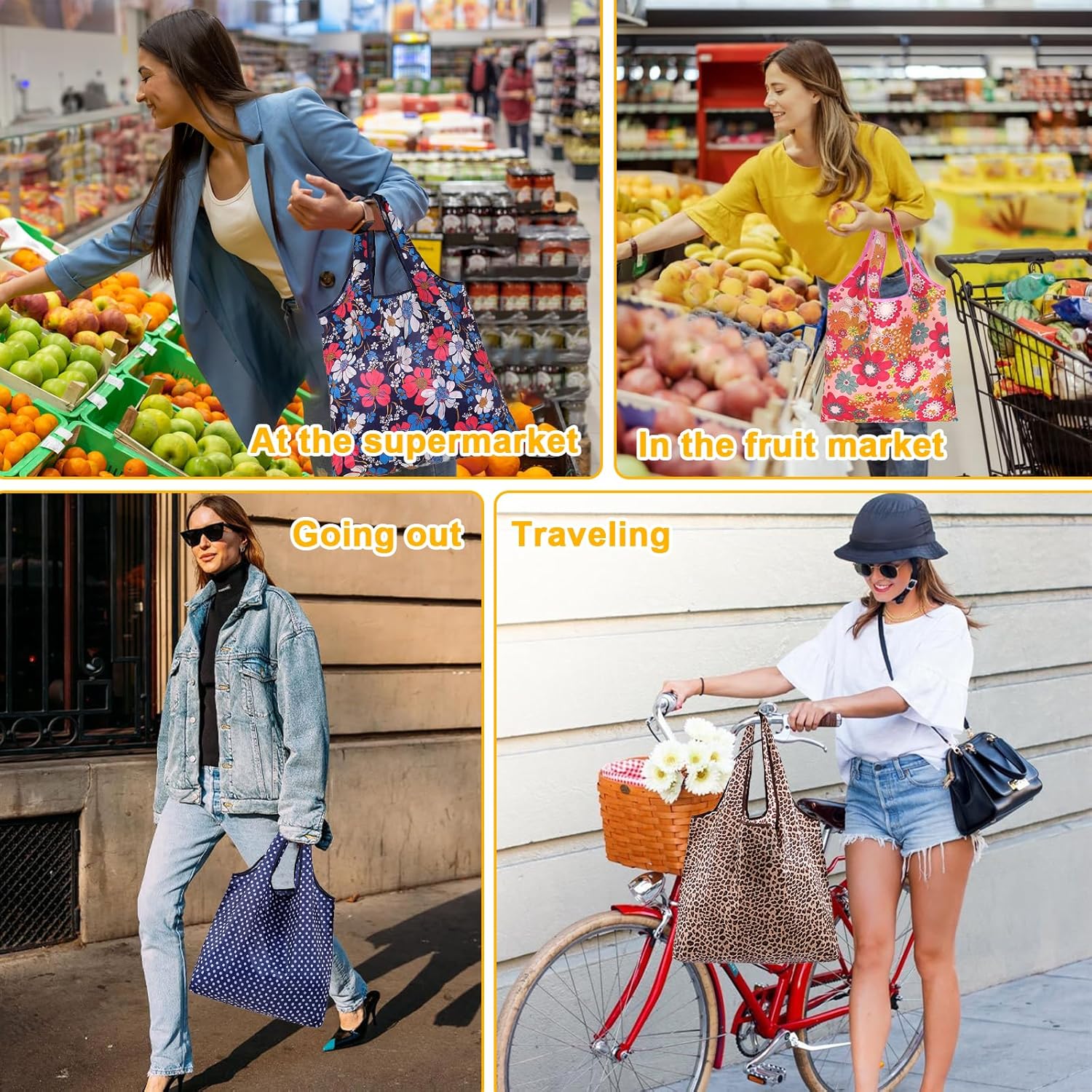 Reusable Shopping Bags 6 Pack - Foldable Grocery Tote Bags, Washable Eco-Friendly Polyester for Travel & Daily Use
