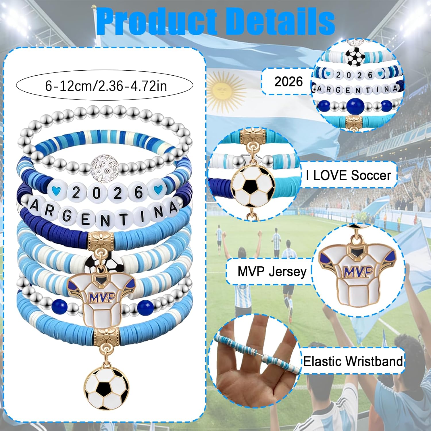 2026 Argentina Soccer Bracelet Set – 8 Piece Stackable Beaded Bracelets with Football Charms, Argentine Flag Colors & Fan Accents | World Cup Argentina Fan Gift