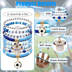 2026 Argentina Soccer Bracelet Set – 8 Piece Stackable Beaded Bracelets with Football Charms, Argentine Flag Colors & Fan Accents | World Cup Argentina Fan Gift