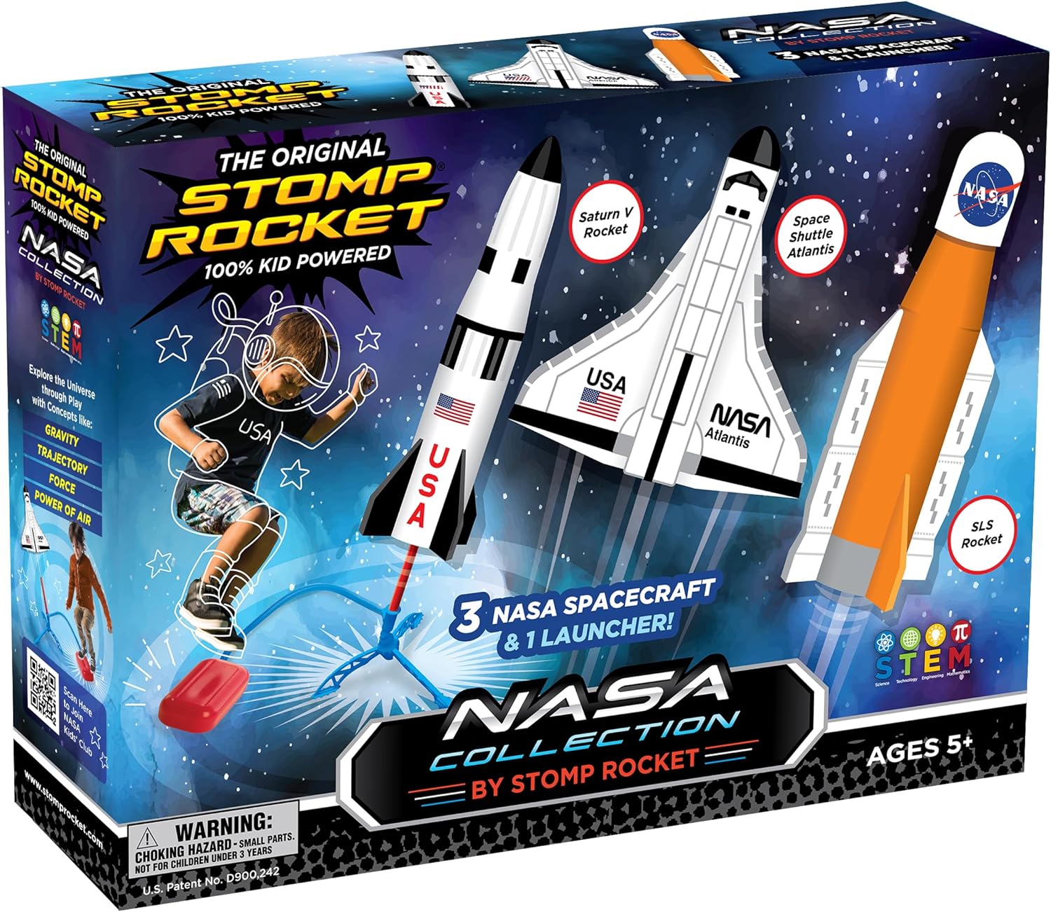 Stomp Rocket launcher with 3 NASA foam rockets