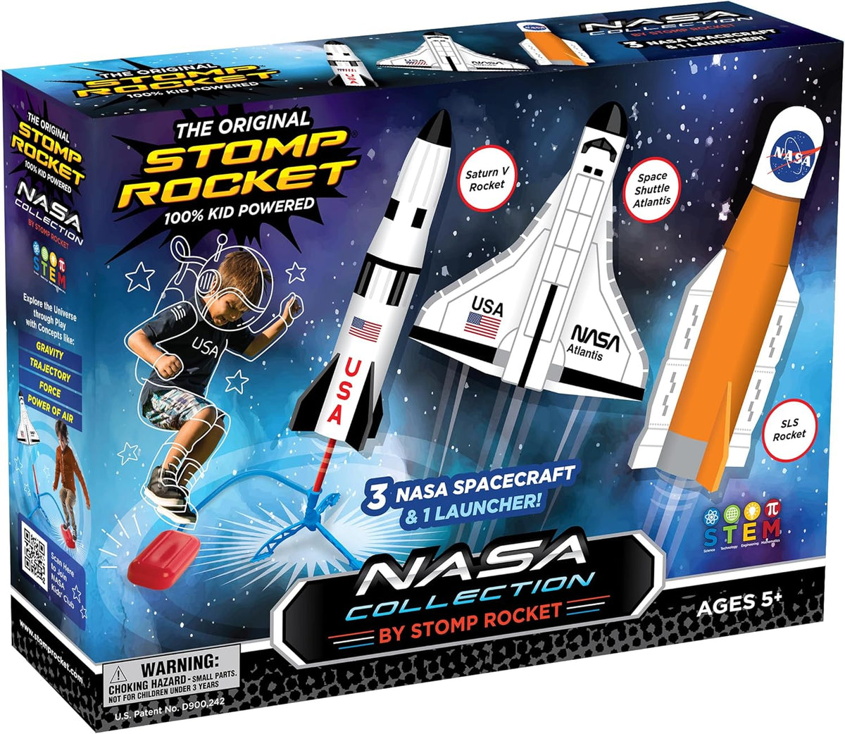 Stomp Rocket launcher with 3 NASA foam rockets