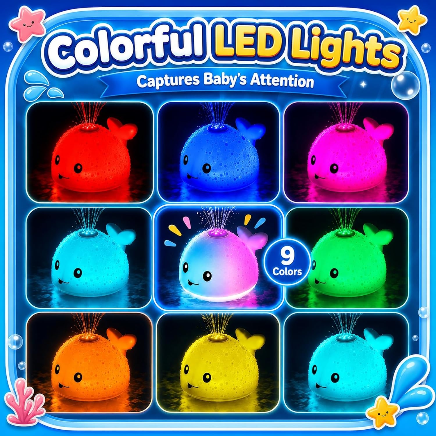 Whale Bath Toy with LED Lights & Water Sprayer – USB Rechargeable Baby Bathtub Toy for Kids Ages 6M-4Y