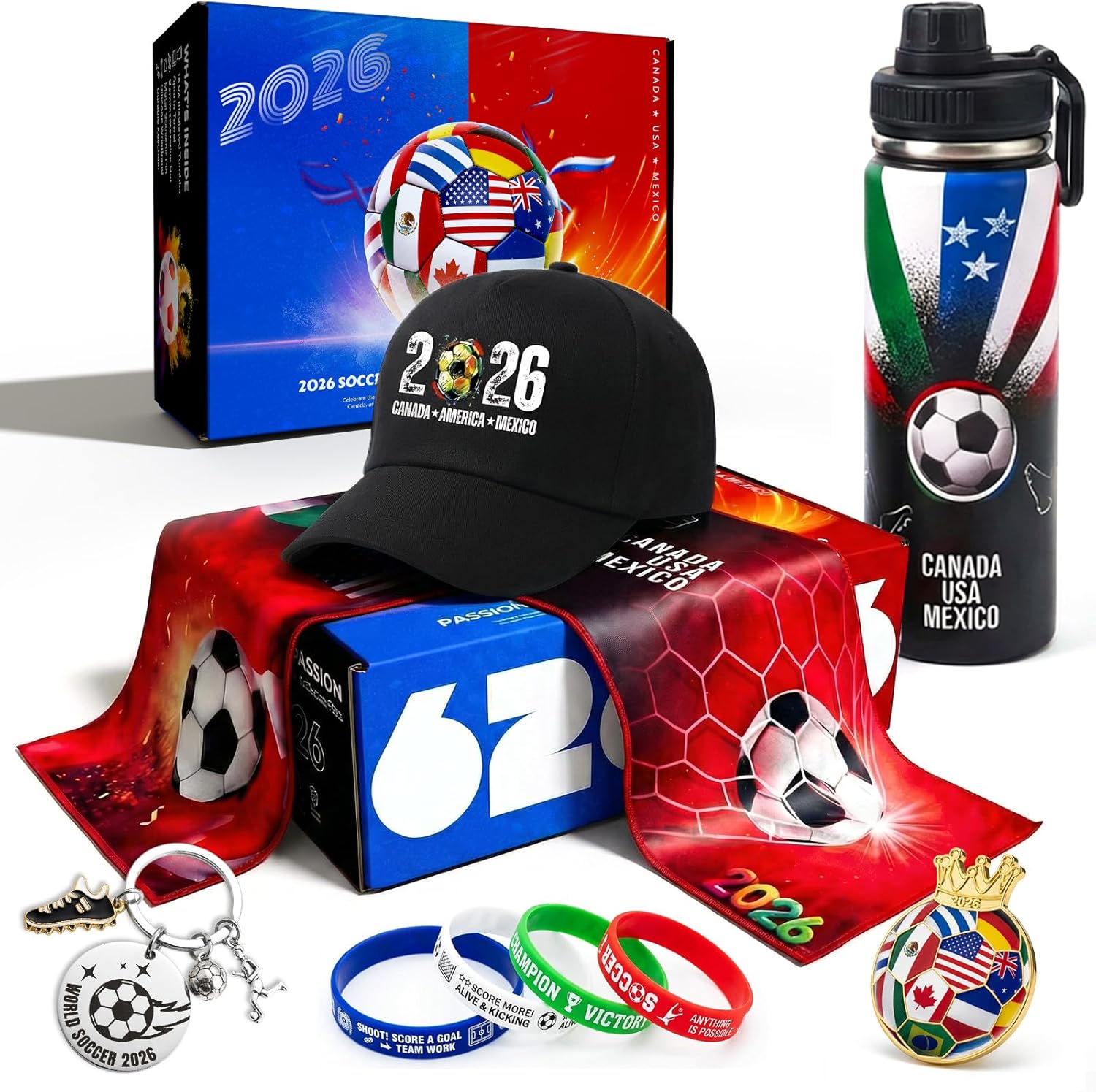 Fibrdoo Soccer Fan Gift Set – 5-Piece Bundle with Water Bottle, Towel, Keychain, Pin & Wristband